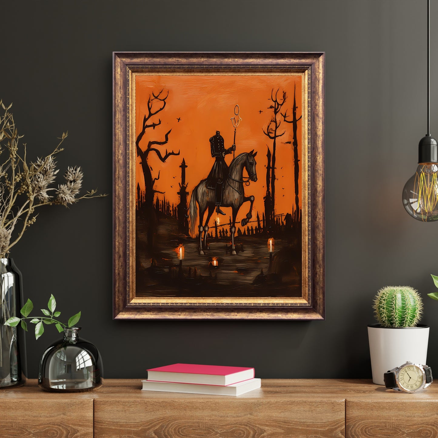 Sleepy Hollow Wall Art Vintage Halloween Oil Painting Witchy Decor Dark Cottagecore Gothic Orange and Black Halloween Decoration Paper Poster Print