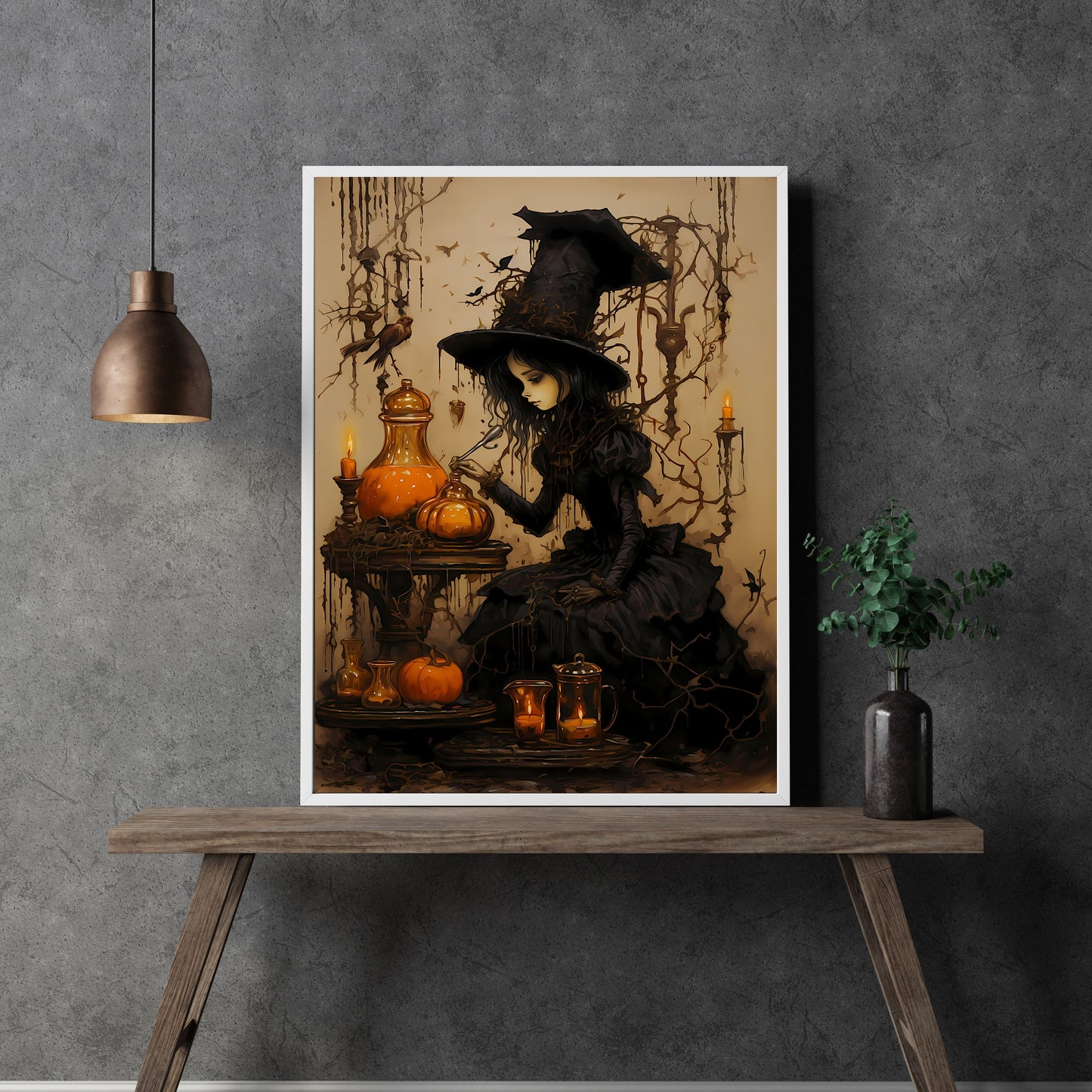 Halloween Witch Gothic Wall Art Vintage Oil Painting Witchy Decor Dark Cottagecore Gothic Orange and Beige Halloween Decoration Paper Poster Print