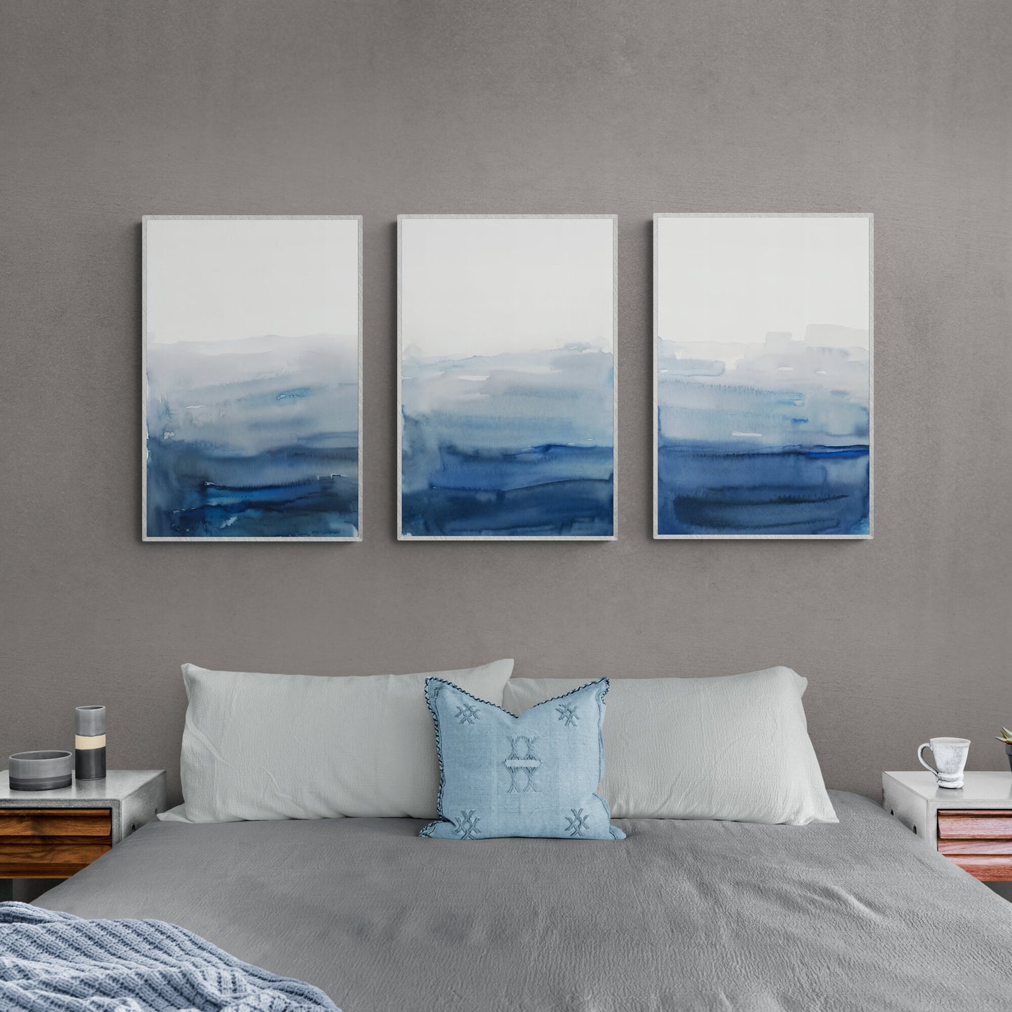 Set mit 3 blauen und weißen Wandkunst-Ombre-Aquarellgemälden, abstrakter Kunst, minimalistischer Kunst, modernen Papier-Posterdrucken