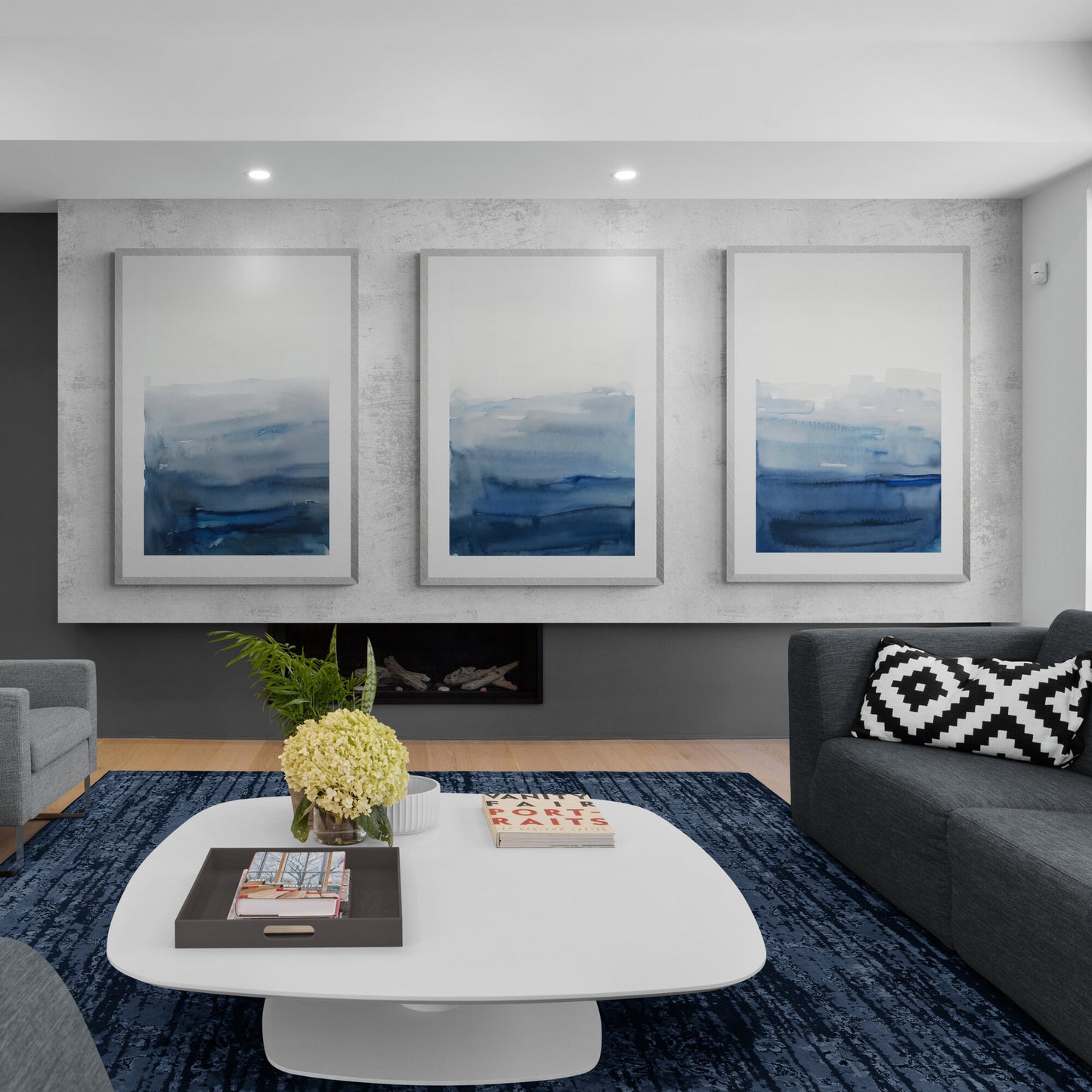 Set mit 3 blauen und weißen Wandkunst-Ombre-Aquarellgemälden, abstrakter Kunst, minimalistischer Kunst, modernen Papier-Posterdrucken