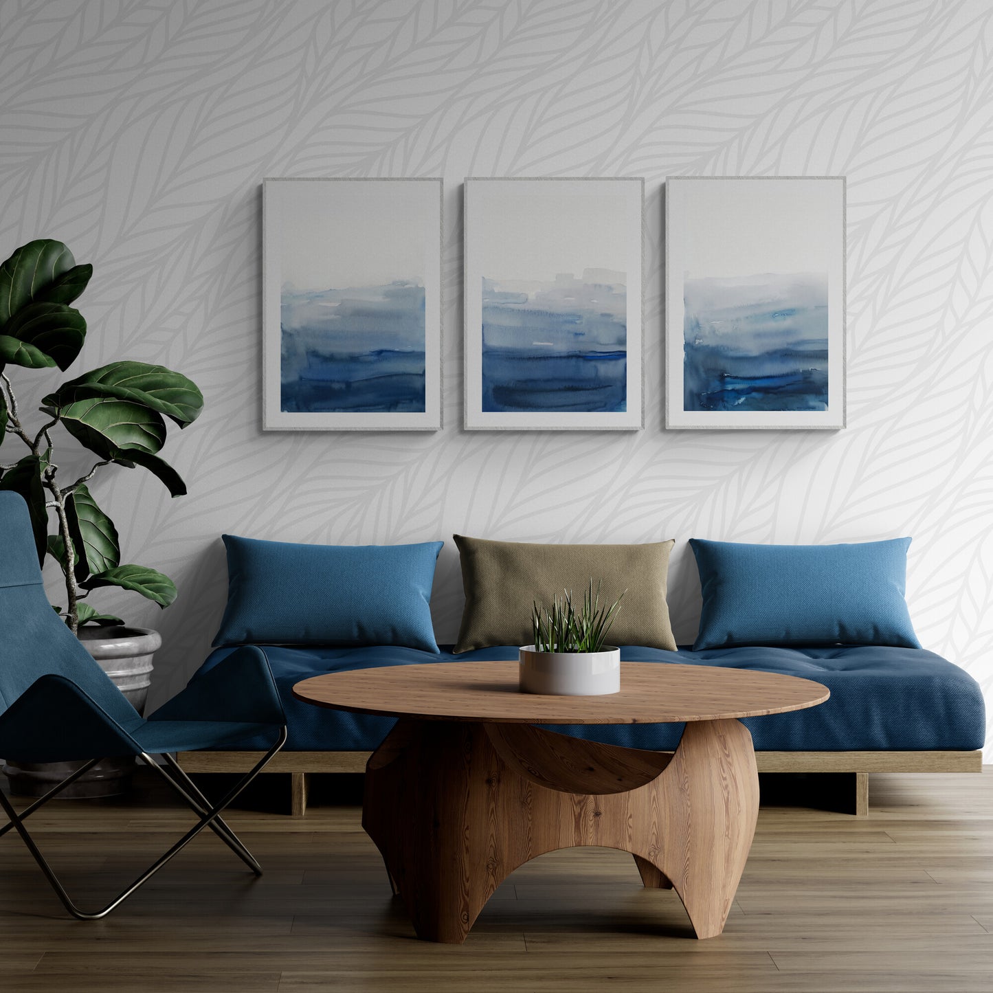 Set mit 3 blauen und weißen Wandkunst-Ombre-Aquarellgemälden, abstrakter Kunst, minimalistischer Kunst, modernen Papier-Posterdrucken