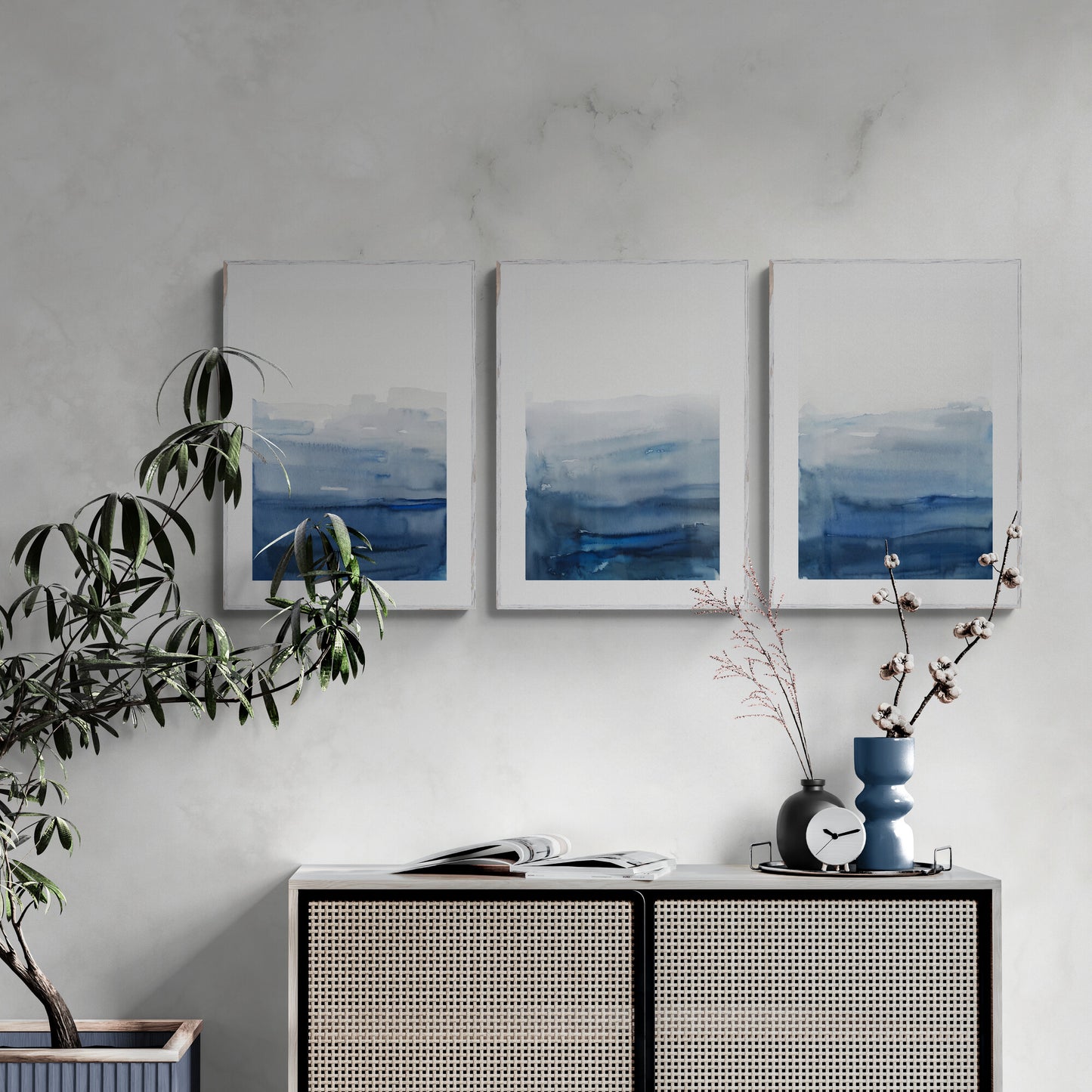 Set mit 3 blauen und weißen Wandkunst-Ombre-Aquarellgemälden, abstrakter Kunst, minimalistischer Kunst, modernen Papier-Posterdrucken