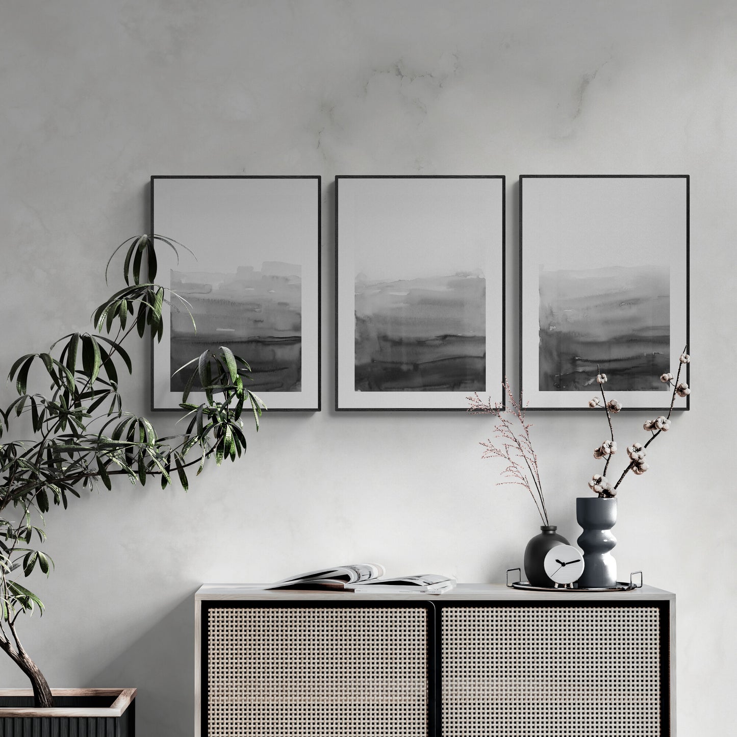 Set aus 3 grauen und weißen Wandkunst-Ombre-Aquarellgemälden, abstrakter Kunst, minimalistischer Kunst, modernen Papier-Posterdrucken