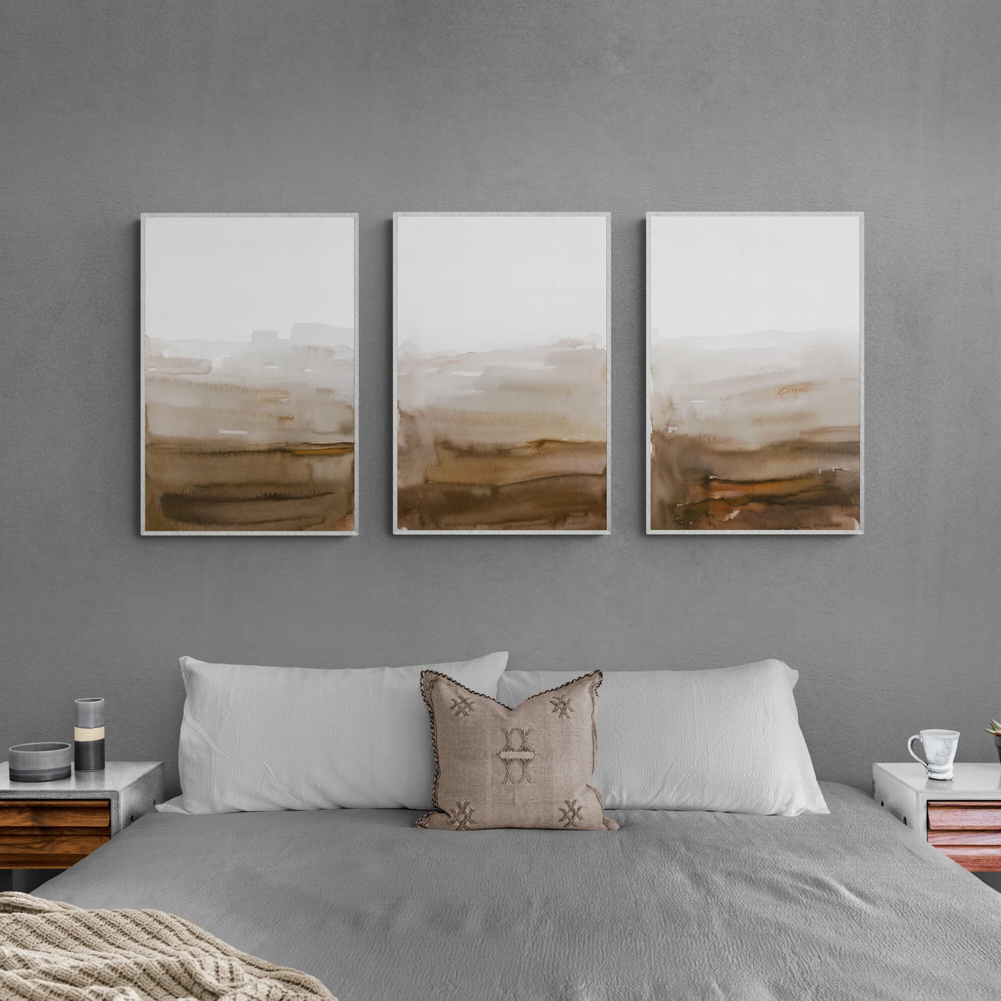 Set aus 3 braunen und weißen Wandkunst-Ombre-Aquarellgemälden, druckbare abstrakte Kunst, minimalistische Kunst, moderne Papier-Posterdrucke