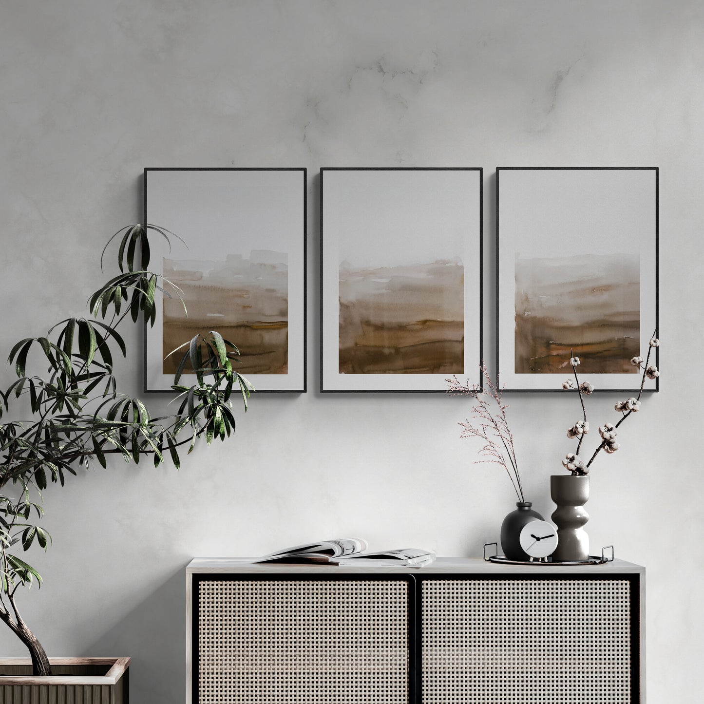 Set aus 3 braunen und weißen Wandkunst-Ombre-Aquarellgemälden, druckbare abstrakte Kunst, minimalistische Kunst, moderne Papier-Posterdrucke