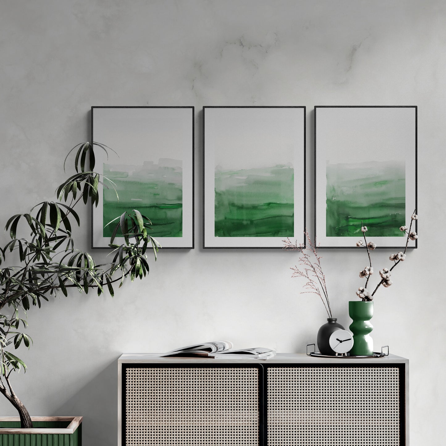 Set of 3 green and white wall art ombre watercolor painting printable abstract art minimalistic art modern Paper Poster Prints