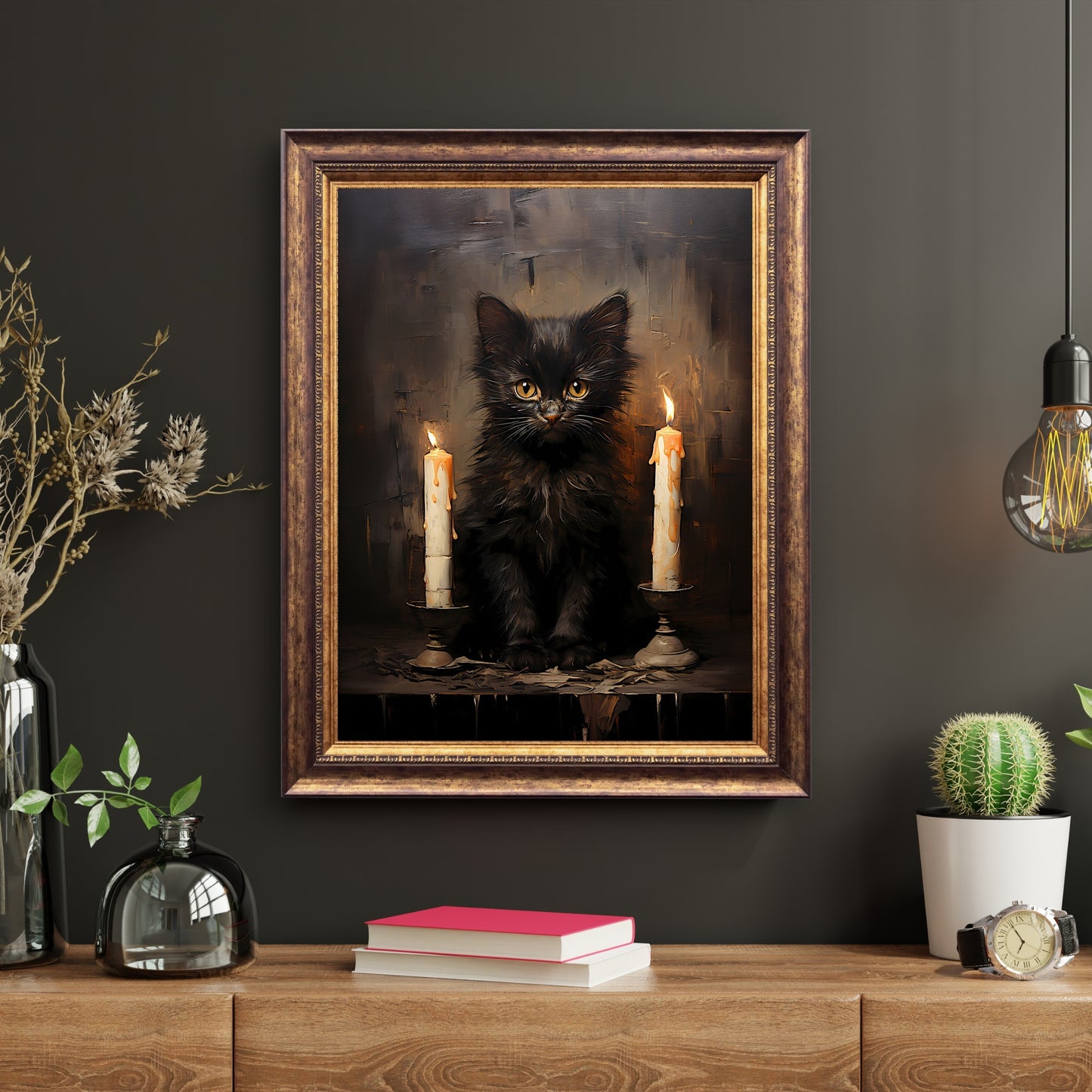 Black Halloween Cat Wall Art Vintage Oil Painting Spooky Decor Dark Cottagecore Gothic Halloween Poster Dark Academia Art Print Paper Poster Print