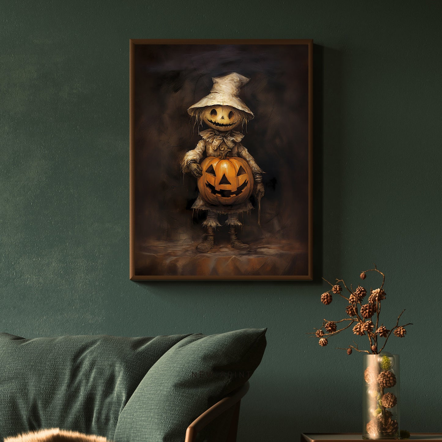 Scarecrow with Pumpkin Halloween Wall Art Vintage Oil Painting Spooky Decor Dark Cottagecore Gothic Poster Dark Academia Art Paper Poster Print