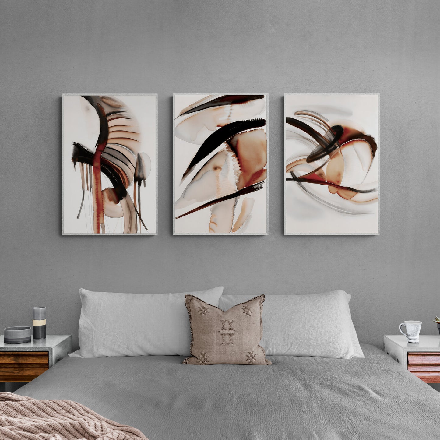 Abstraktes braunes Erdton-Wandkunst-Set mit 3 Aquarellgemälden, modernen Papierposterdrucken, Terrakotta, 3-teiliges Triptychon-Kunstwerk