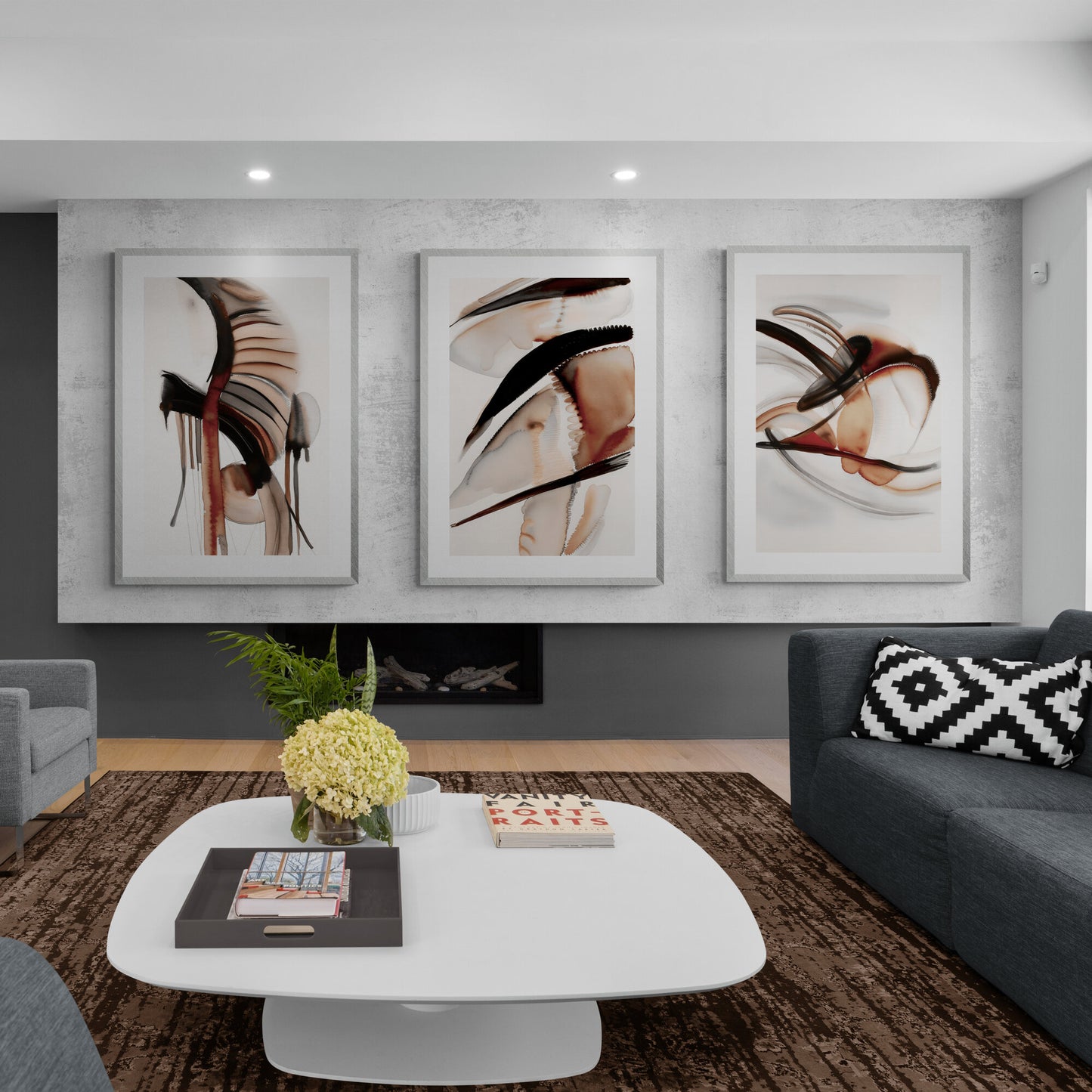 Abstraktes braunes Erdton-Wandkunst-Set mit 3 Aquarellgemälden, modernen Papierposterdrucken, Terrakotta, 3-teiliges Triptychon-Kunstwerk