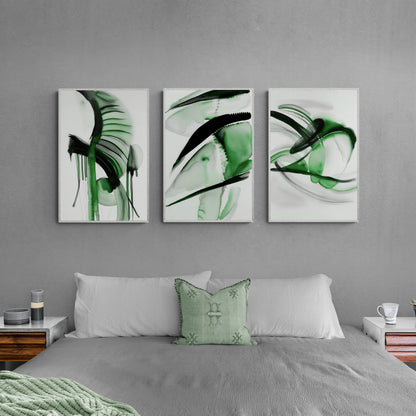 Abstract Sage Green Wall Art Set of 3 Watercolor Paintings Modern Paper Poster Prints Green Black White 3 Piece Triptych Artwork