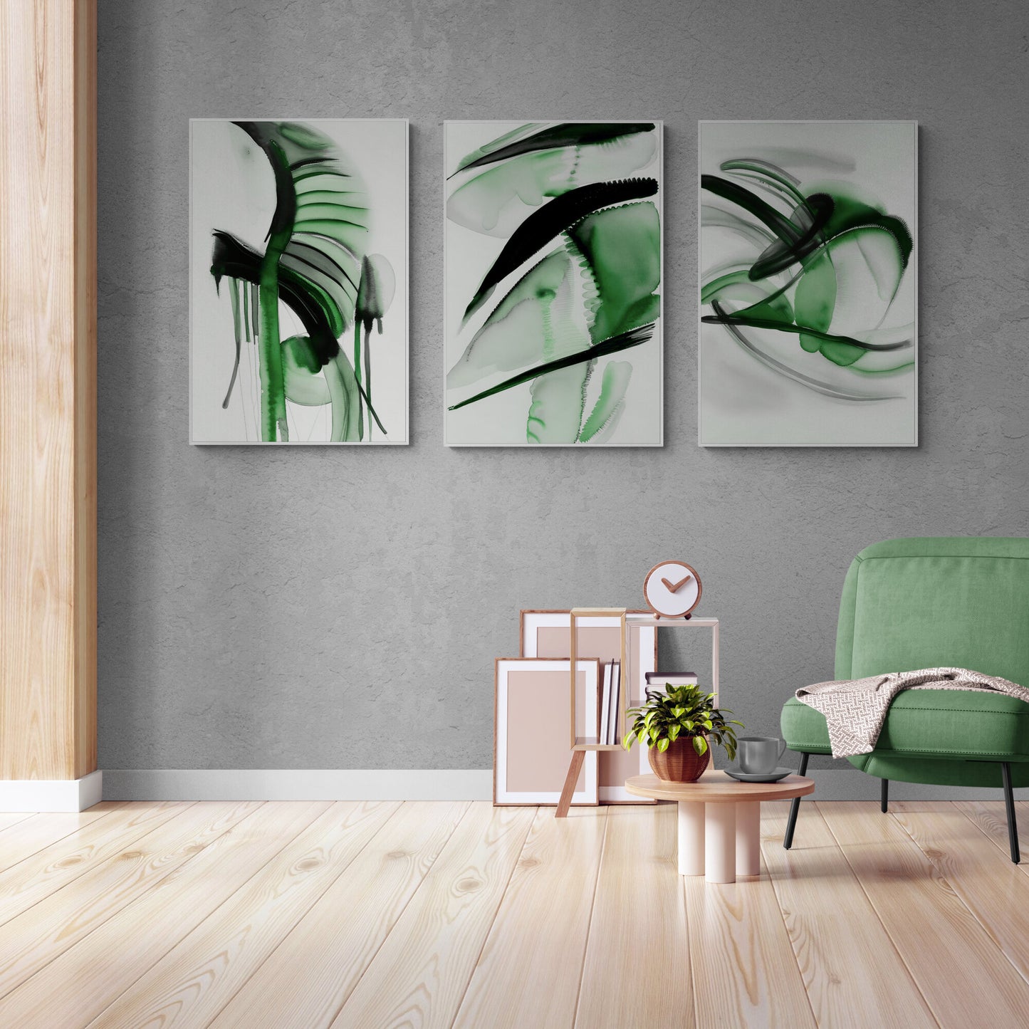 Abstract Sage Green Wall Art Set of 3 Watercolor Paintings Modern Paper Poster Prints Green Black White 3 Piece Triptych Artwork