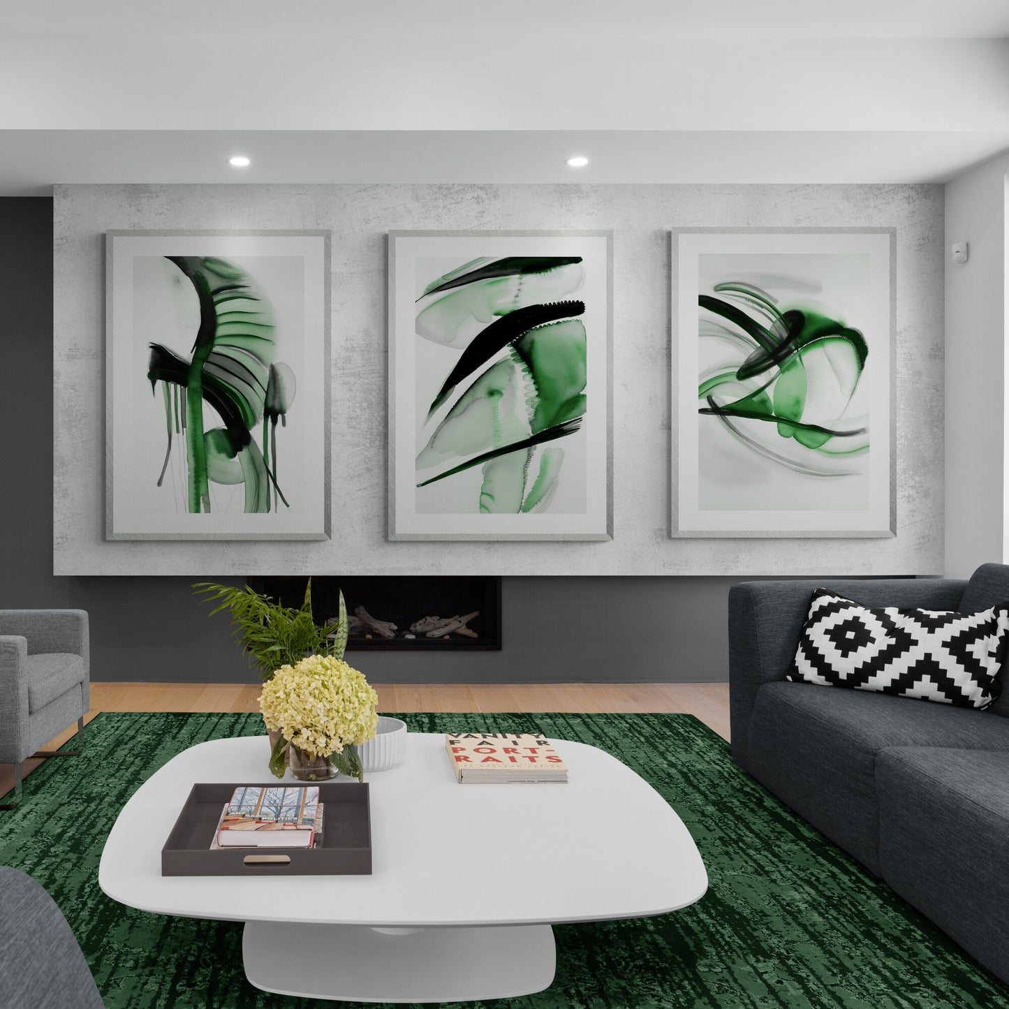 Abstract Sage Green Wall Art Set of 3 Watercolor Paintings Modern Paper Poster Prints Green Black White 3 Piece Triptych Artwork