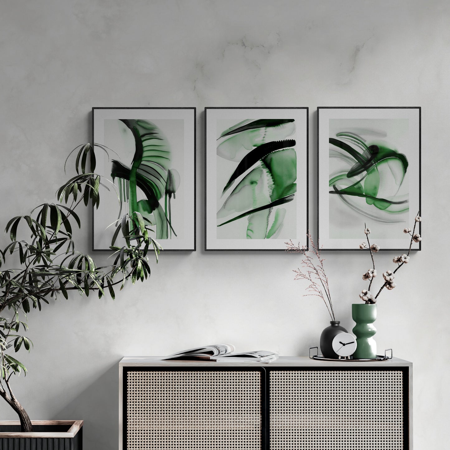 Abstract Sage Green Wall Art Set of 3 Watercolor Paintings Modern Paper Poster Prints Green Black White 3 Piece Triptych Artwork