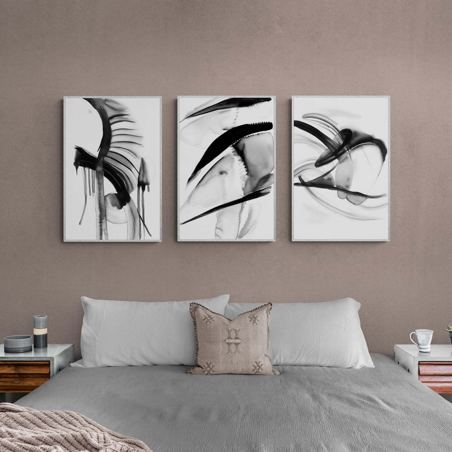Abstract Monochrome Wall Art Set of 3 Watercolor Paintings Modern Paper Poster Prints Black and White 3 Piece Triptych Artwork