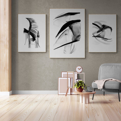 Abstract Monochrome Wall Art Set of 3 Watercolor Paintings Modern Paper Poster Prints Black and White 3 Piece Triptych Artwork
