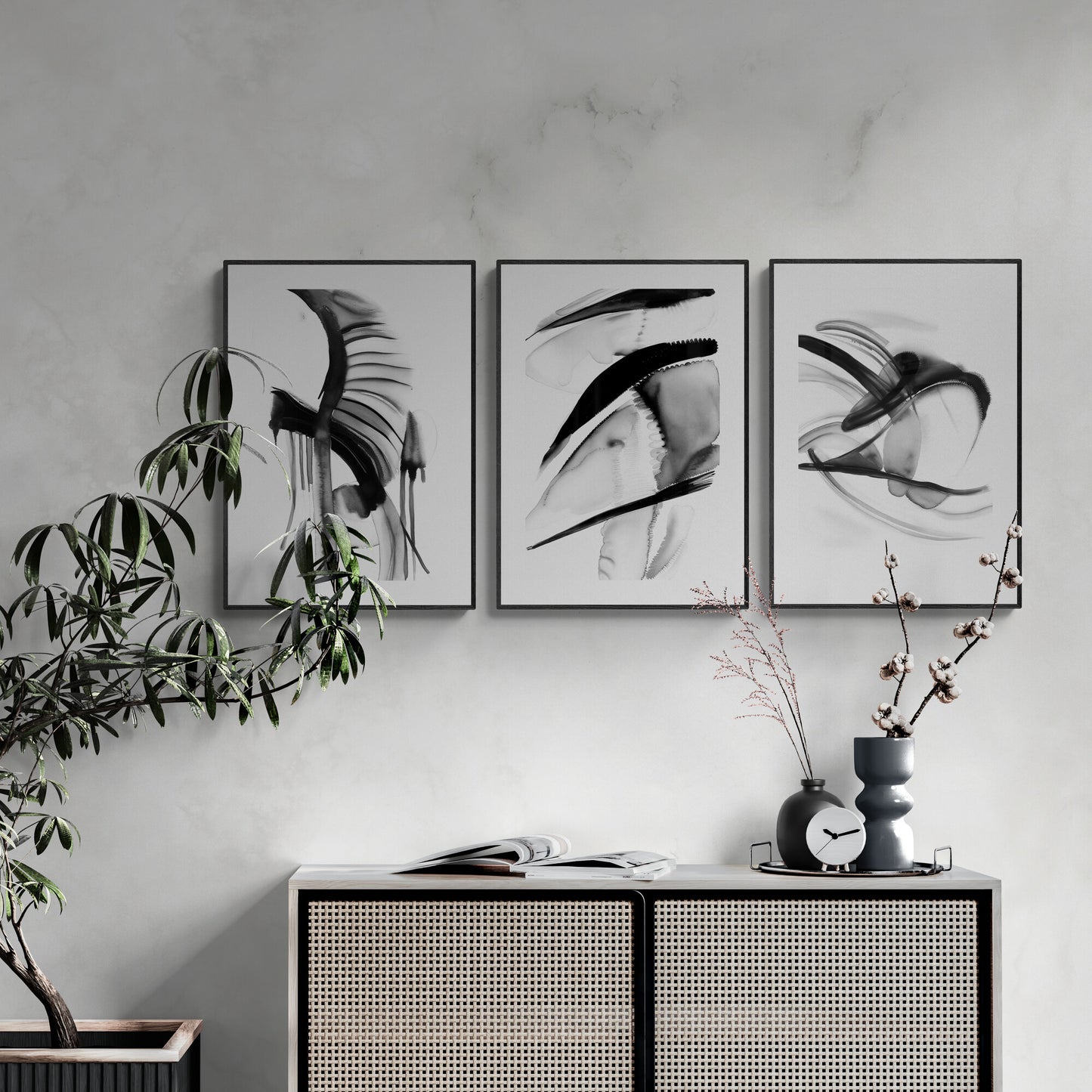 Abstract Monochrome Wall Art Set of 3 Watercolor Paintings Modern Paper Poster Prints Black and White 3 Piece Triptych Artwork