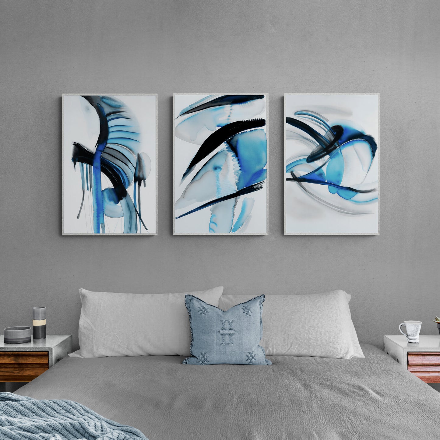 Abstract Emerald Blue Wall Art Set of 3 Watercolor Paintings Modern Paper Poster Prints Blue Black and White 3 Piece Triptych Artwork
