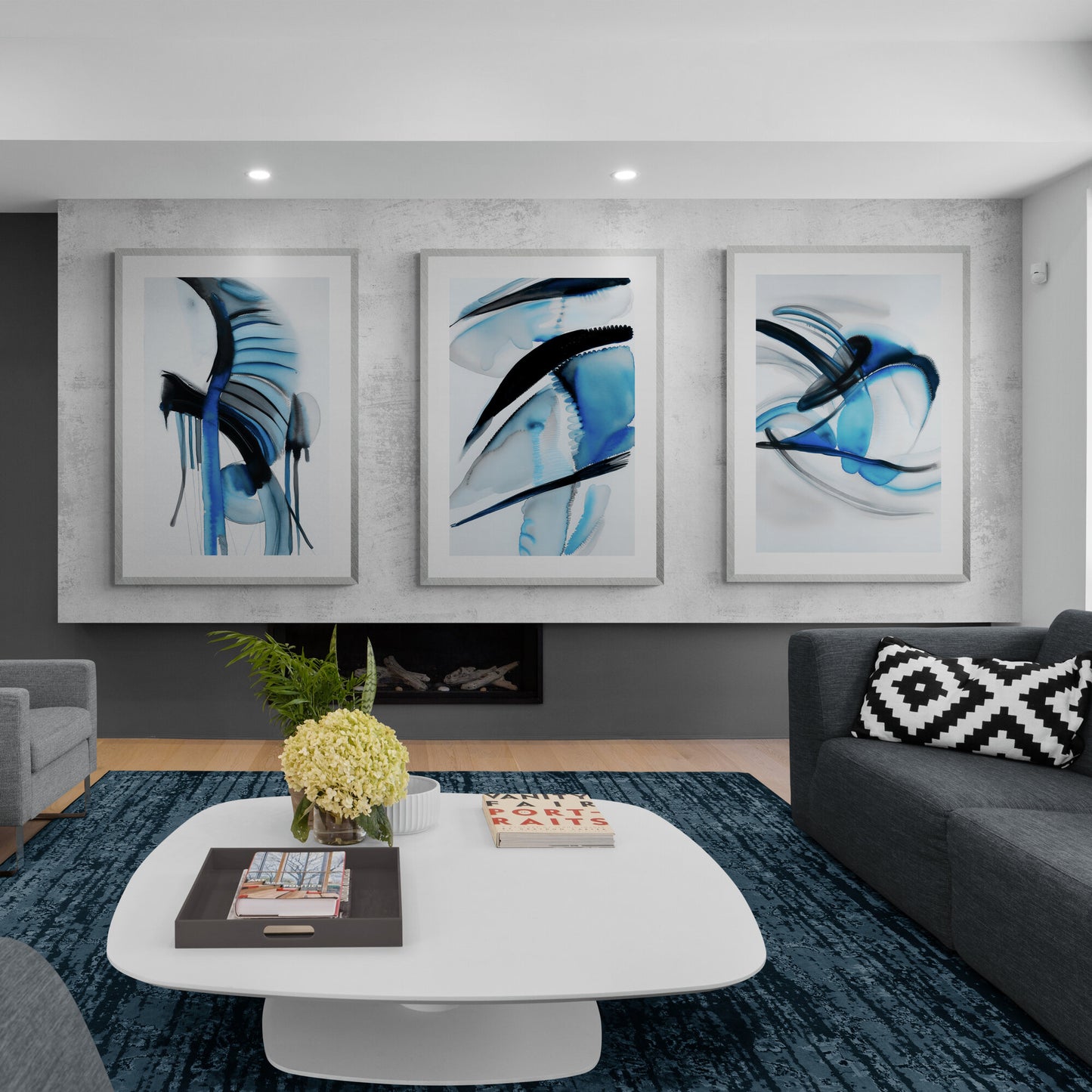 Abstract Emerald Blue Wall Art Set of 3 Watercolor Paintings Modern Paper Poster Prints Blue Black and White 3 Piece Triptych Artwork