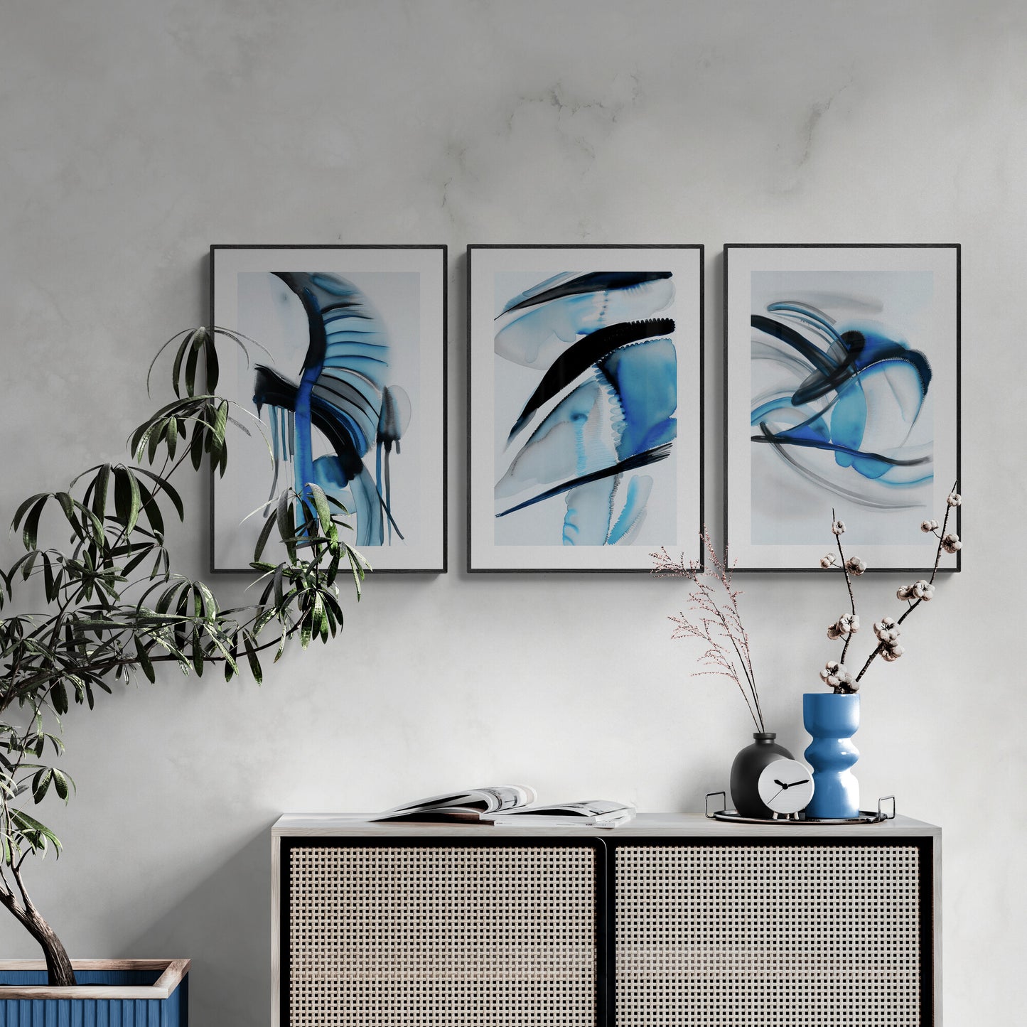 Abstract Emerald Blue Wall Art Set of 3 Watercolor Paintings Modern Paper Poster Prints Blue Black and White 3 Piece Triptych Artwork