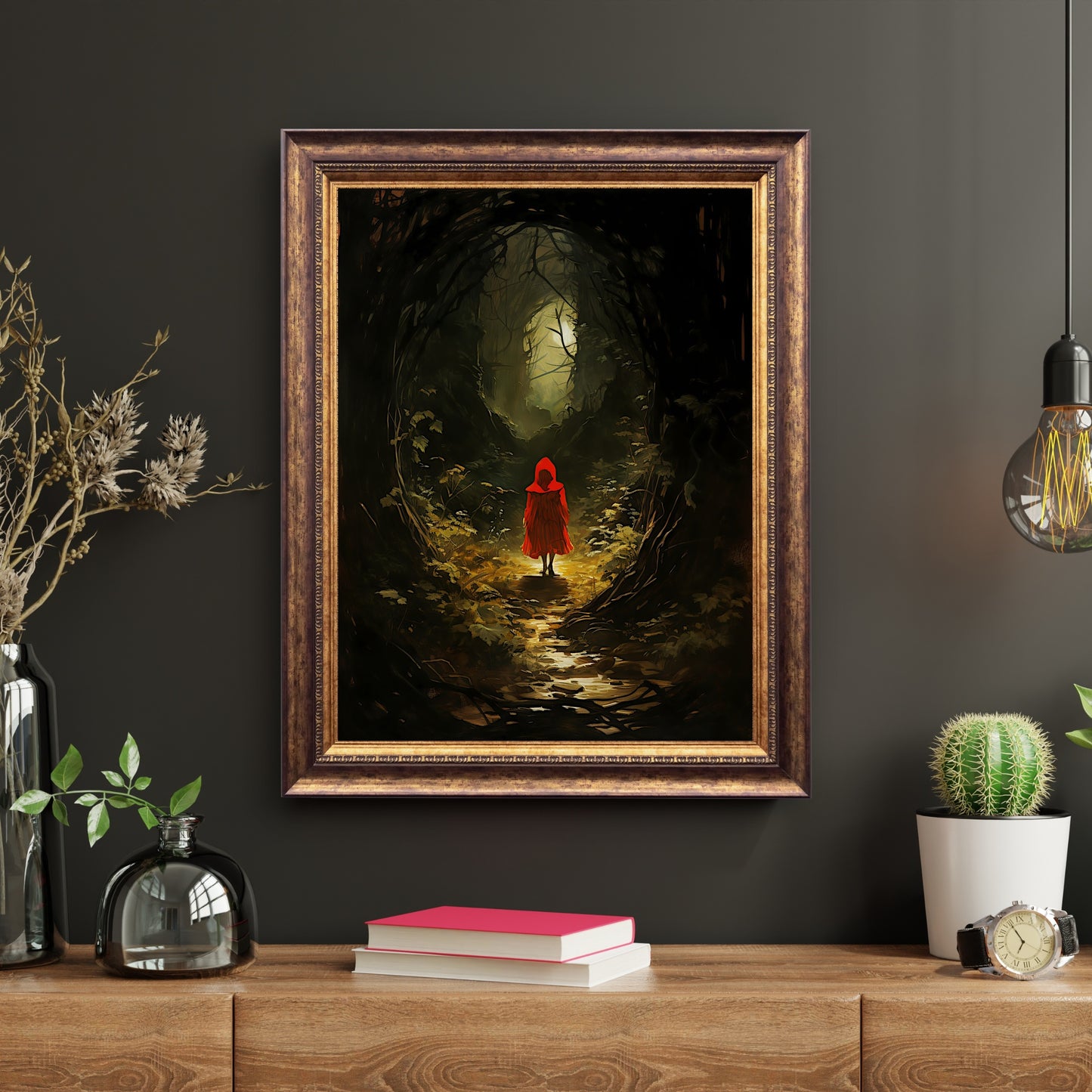 Little Red Riding Hood Wall Art Spooky Mysterious Fairytale Wall Decor Eerie Dark Forest Painting Dark Cottagecore Gothic Paper Poster Prints