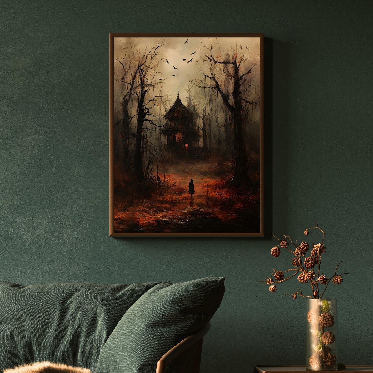 Spooky Autumn Witch Cottage Wall Art Moody Woodland Fairytale Dark Fall Cottagecore Artwork Gothic Painting Witchy Horror Art Paper Poster Prints