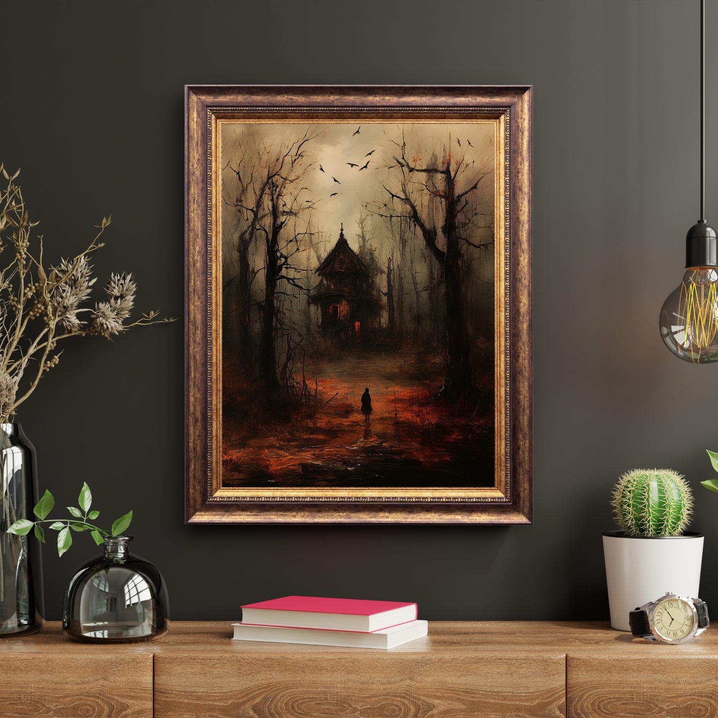 Spooky Autumn Witch Cottage Wall Art Moody Woodland Fairytale Dark Fall Cottagecore Artwork Gothic Painting Witchy Horror Art Paper Poster Prints