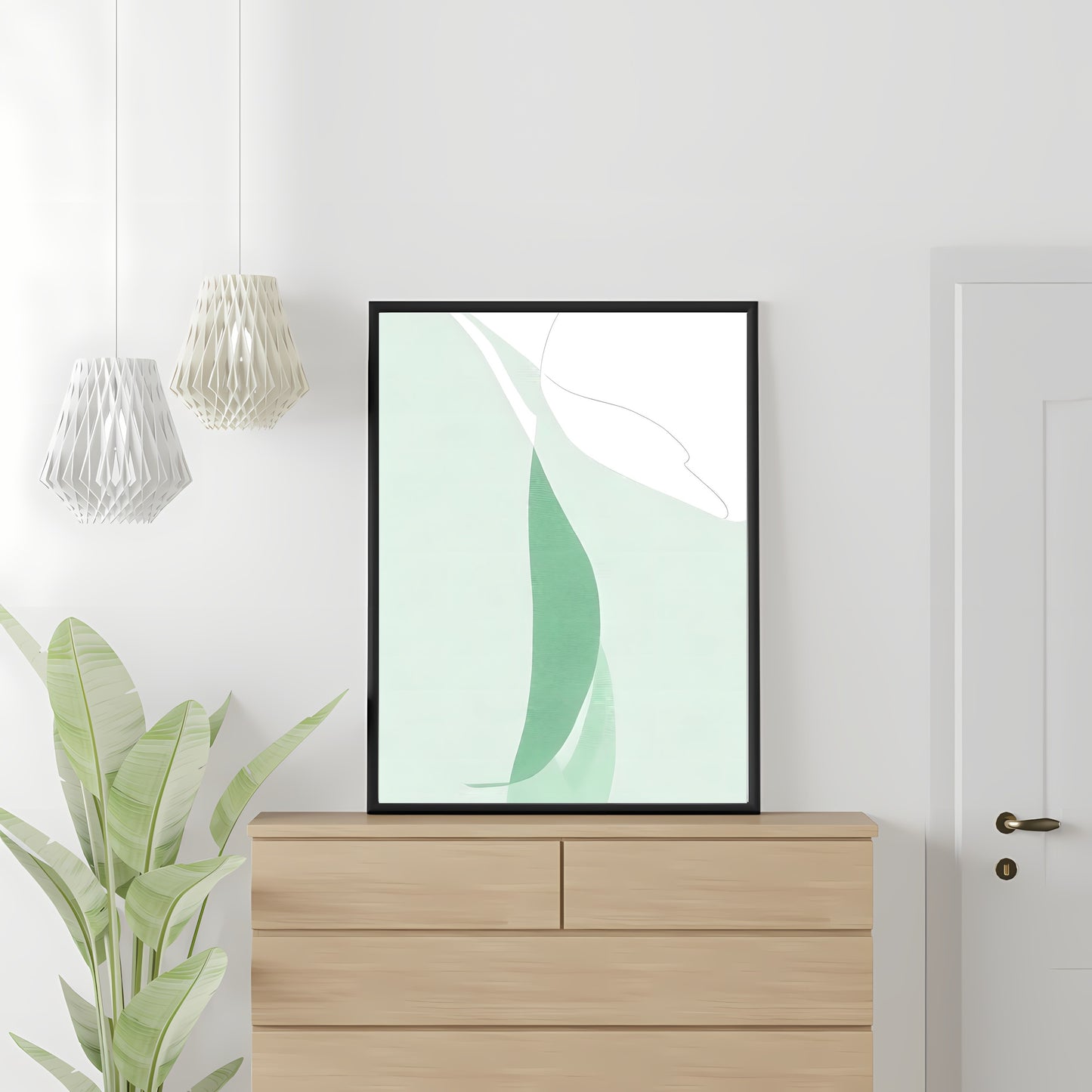 Abstract wall art green white modern minimalist artprint bedroom decor neutral tones Paper Poster Print