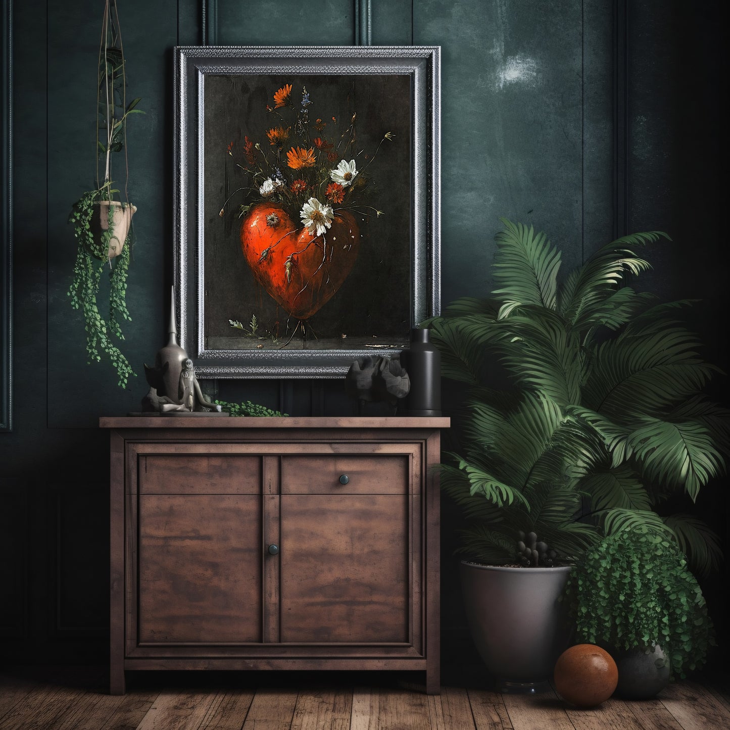 Valentinstag Wildblumen Wandkunst Stillleben Ölgemälde Herz mit Wildblumen Gothic Dekor Goblincore Dekor Dark Romance Print Papier Posterdruck