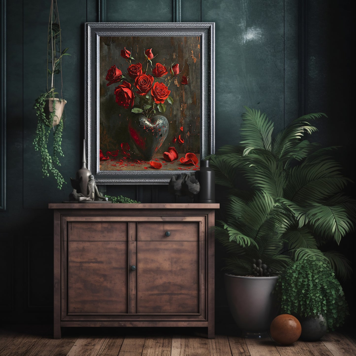 Rote Rose Valentinstag Wandkunst Stillleben Ölgemälde Herz mit roten Rosen Gothic Dekor Goblincore Dekor Dark Romance Print Papier Posterdruck