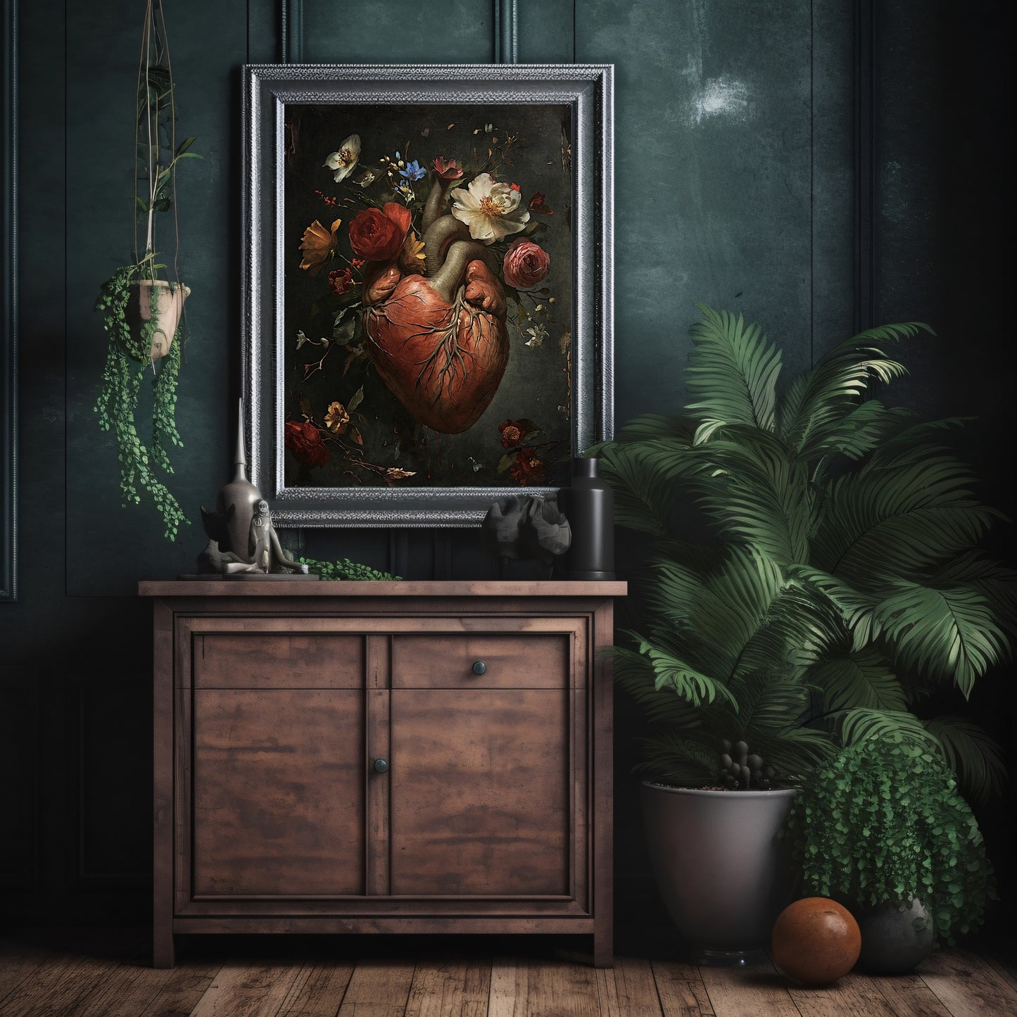 Makabre Valentinstag-Wandkunst, antikes Ölgemälde, menschliches Herz mit Blumen, gruseliges Gothic-Dekor, Goblincore-Dekor, dunkle Romantik, Druck, Papier, Posterdruck