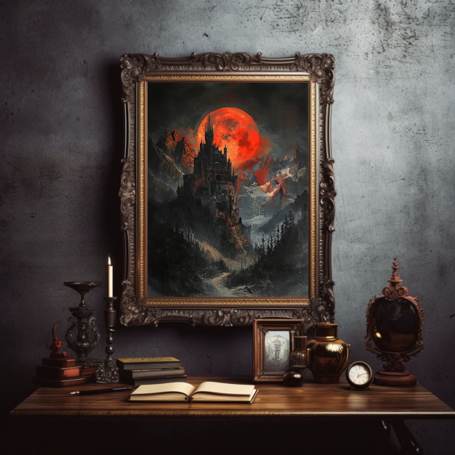Draculas Schloss in den siebenbürgischen Bergen bei Blood Moon Print – Dunkles Vampirschloss Dekor – Gotischer Wandkunstdruck
