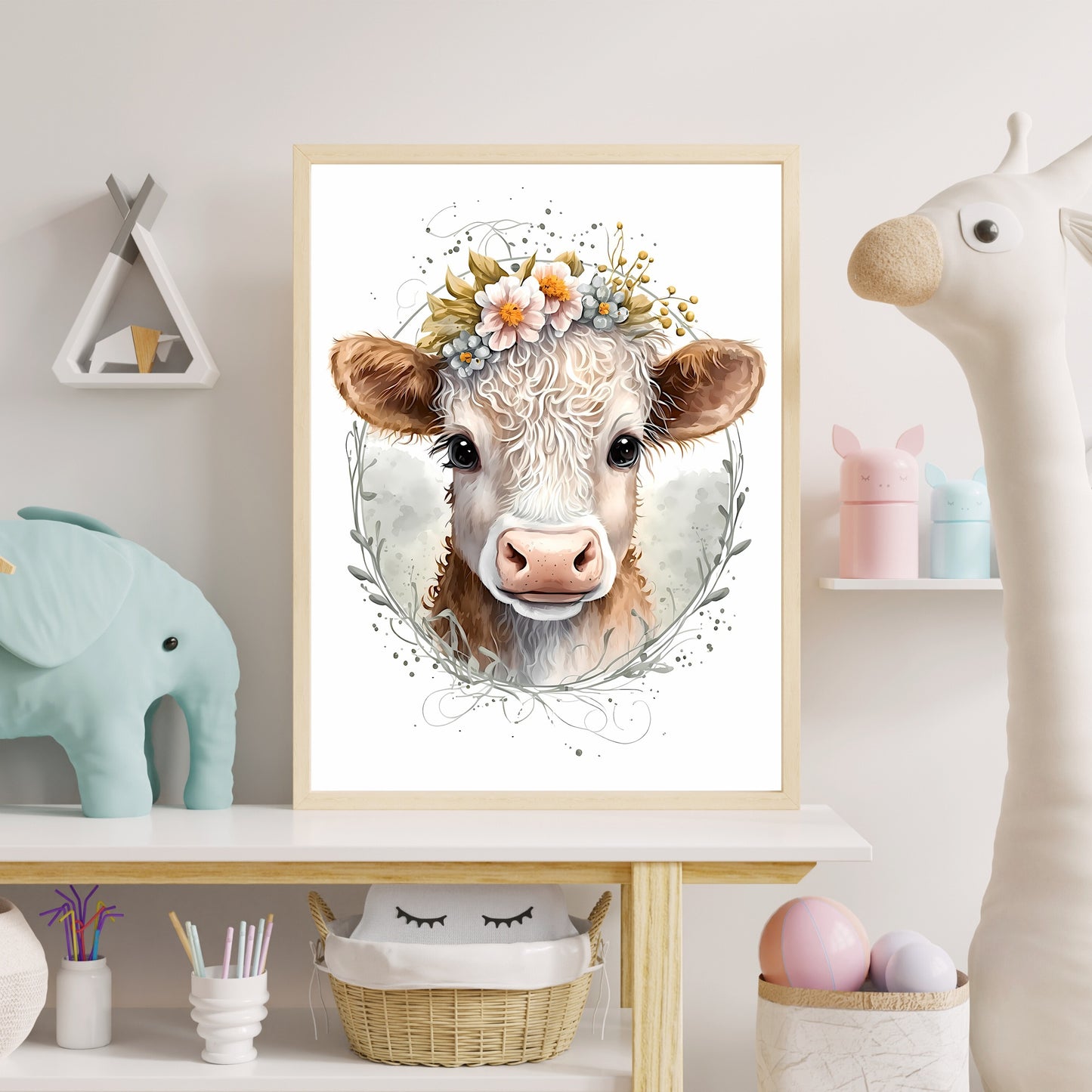 Baby cow animal wall art gender neutral animal nursery decor cow printing flowers baby cow portrait Paper Poster Prints