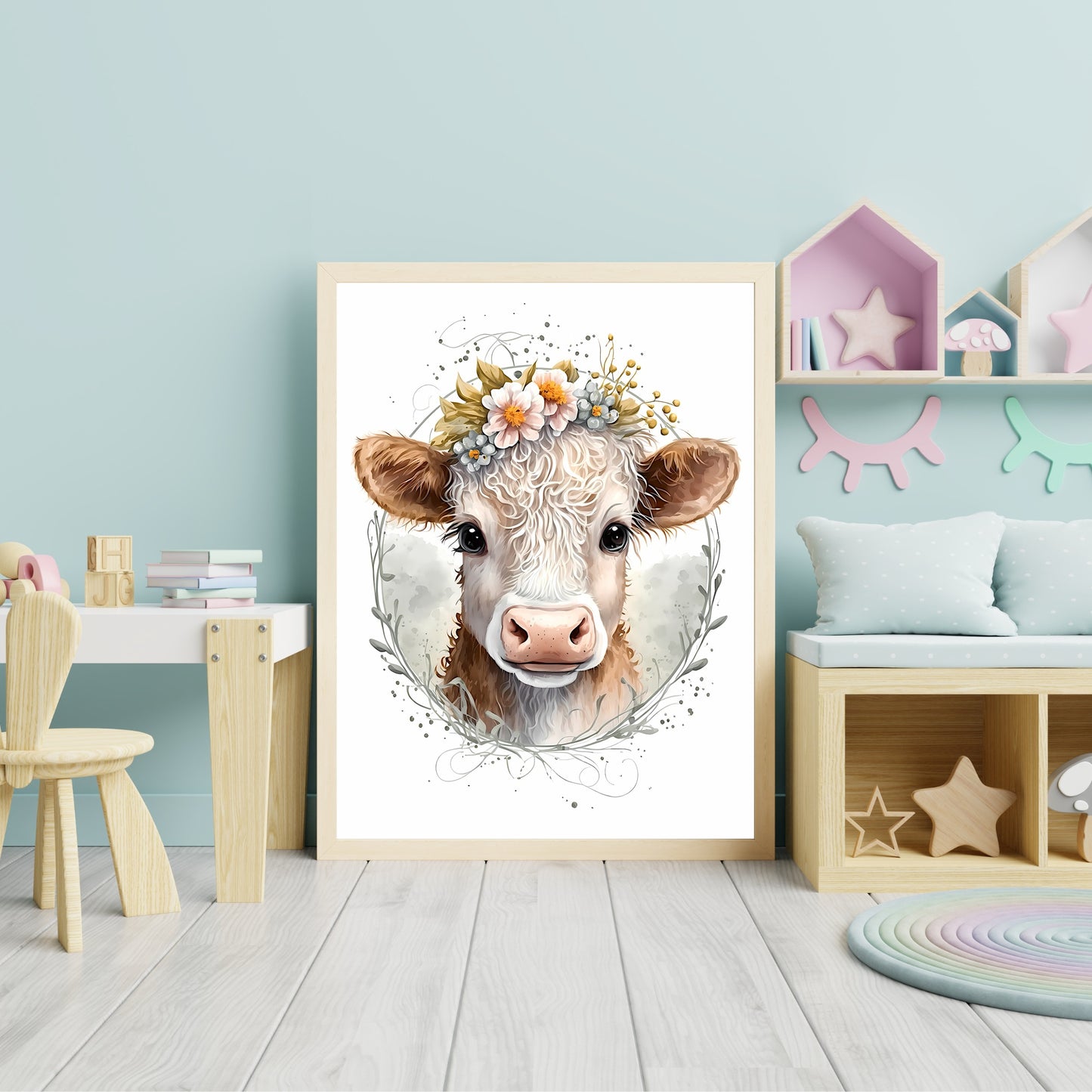 Baby cow animal wall art gender neutral animal nursery decor cow printing flowers baby cow portrait Paper Poster Prints
