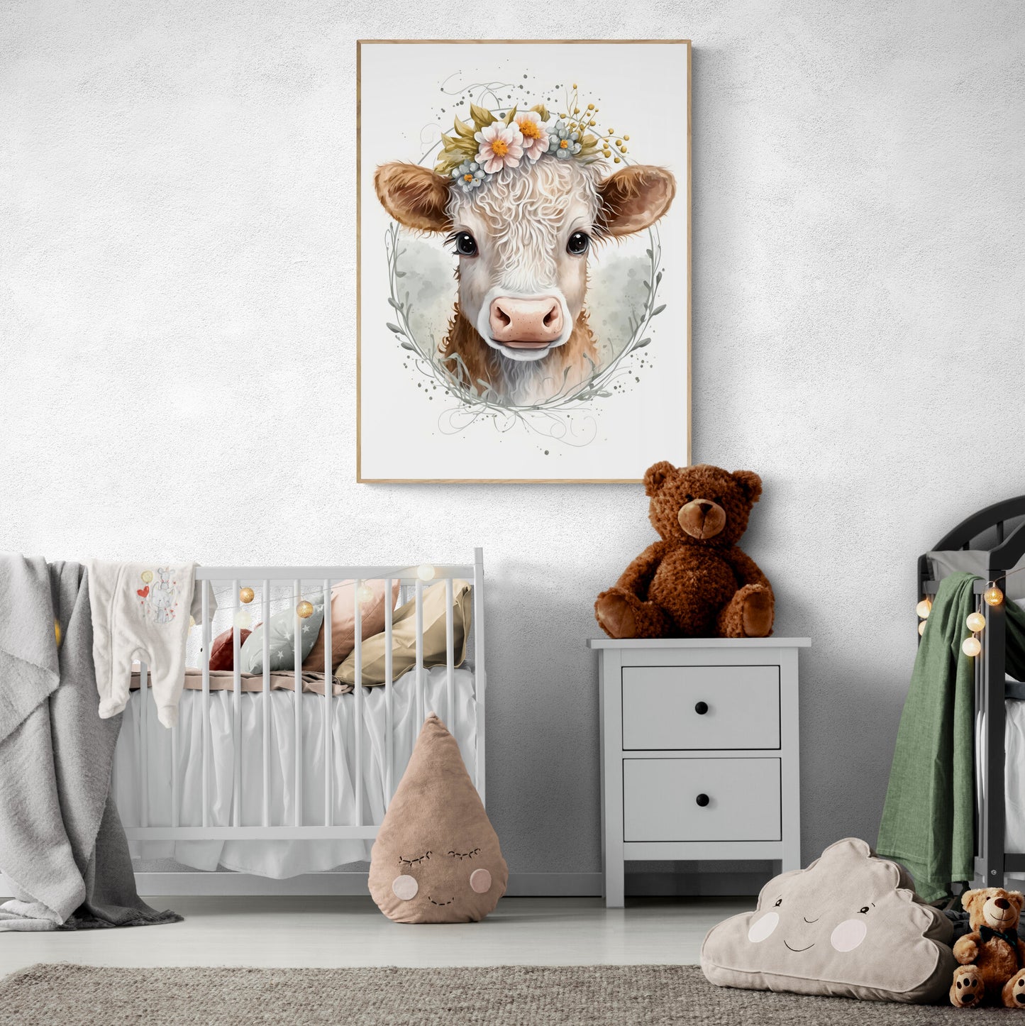 Baby cow animal wall art gender neutral animal nursery decor cow printing flowers baby cow portrait Paper Poster Prints