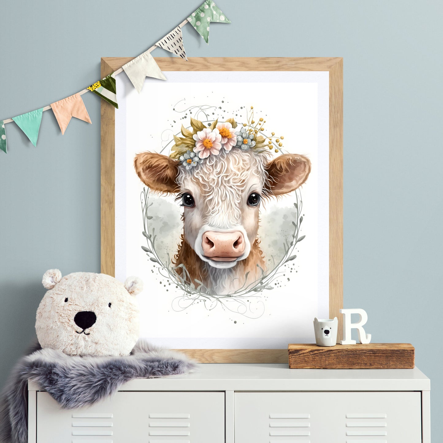 Baby cow animal wall art gender neutral animal nursery decor cow printing flowers baby cow portrait Paper Poster Prints