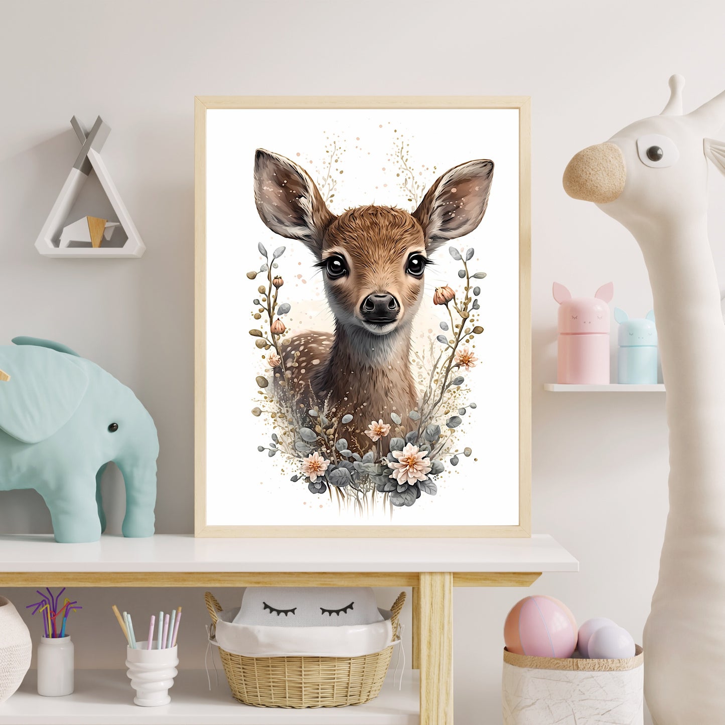 Baby deer animal wall art gender neutral animal nursery decor deer printing flowers baby deer portrait Paper Poster Prints