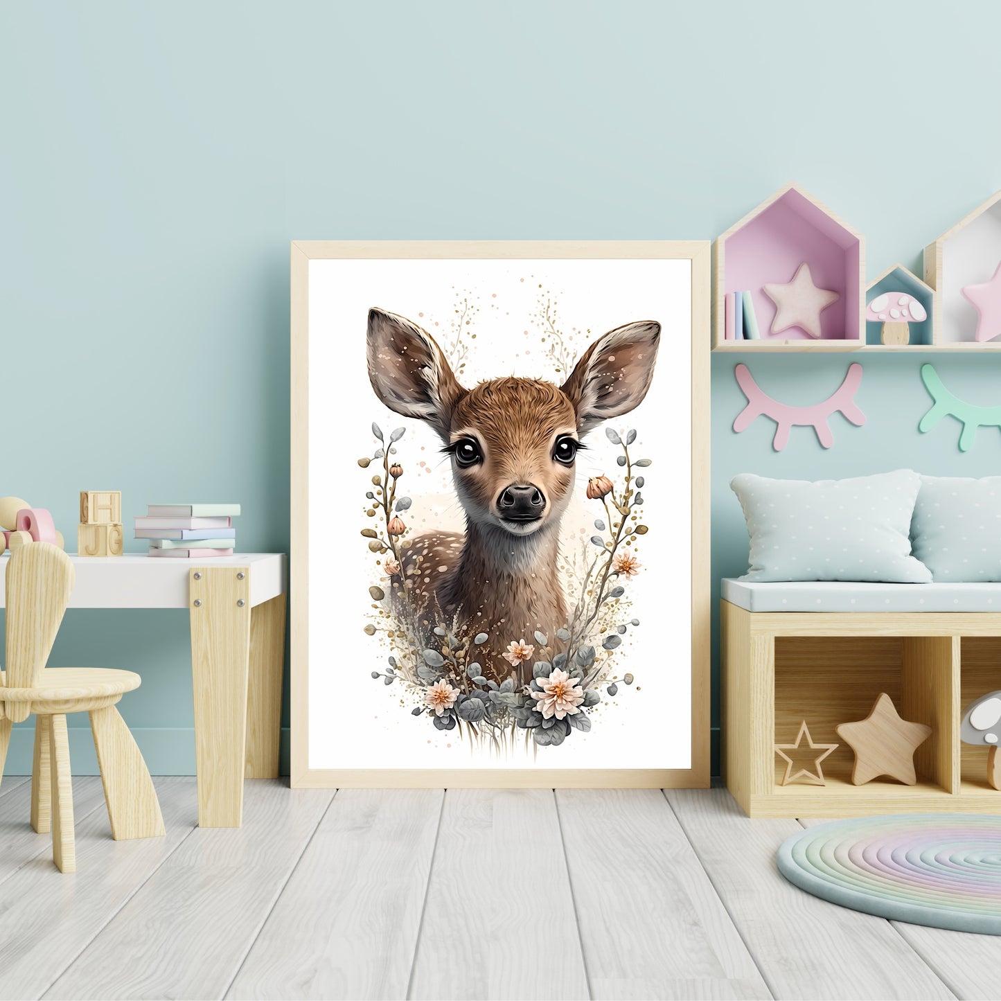 Baby deer animal wall art gender neutral animal nursery decor deer printing flowers baby deer portrait Paper Poster Prints