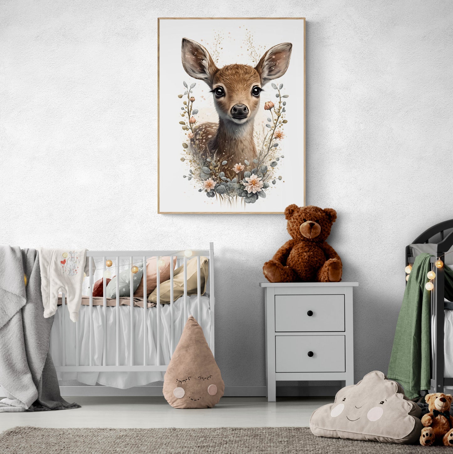Baby deer animal wall art gender neutral animal nursery decor deer printing flowers baby deer portrait Paper Poster Prints