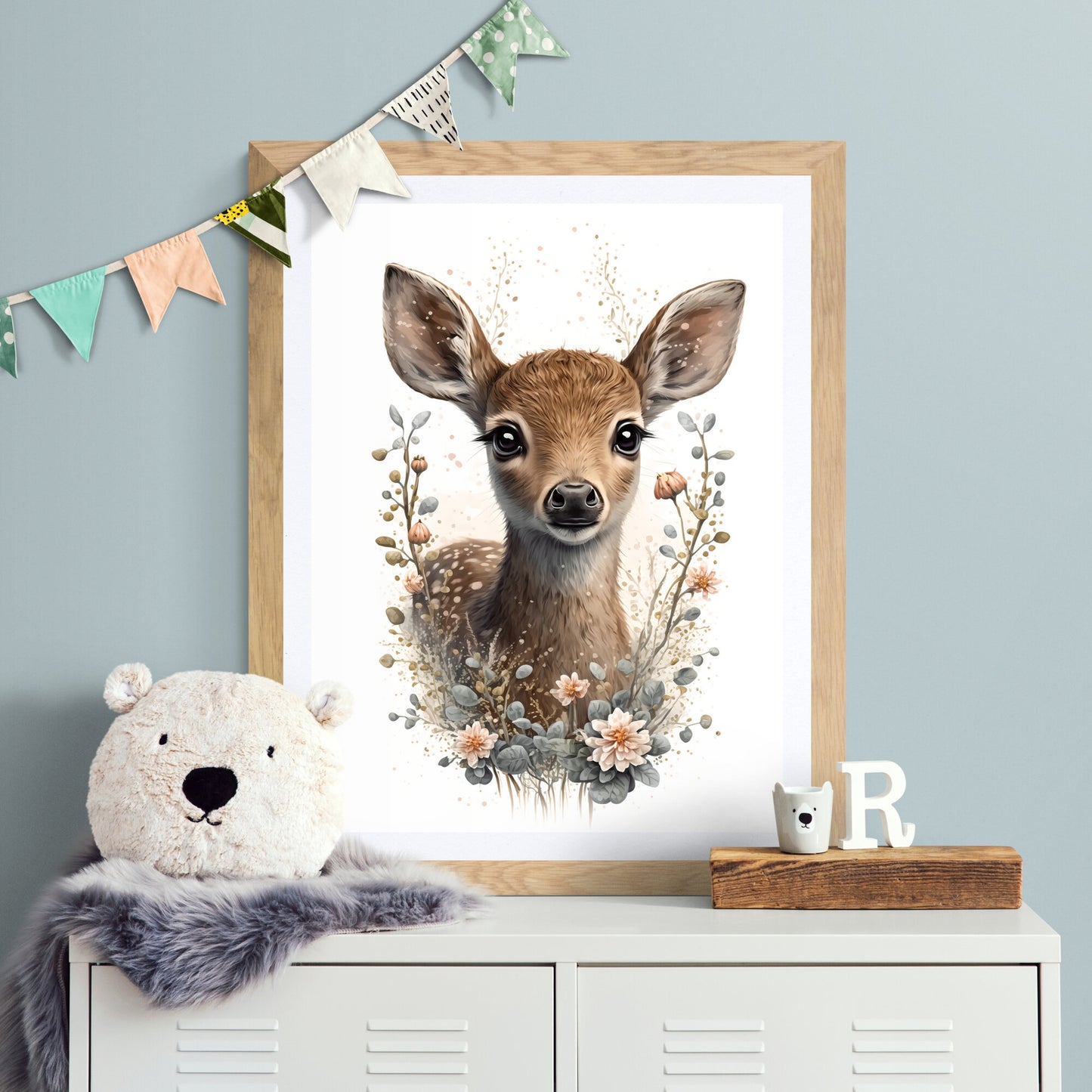 Baby deer animal wall art gender neutral animal nursery decor deer printing flowers baby deer portrait Paper Poster Prints