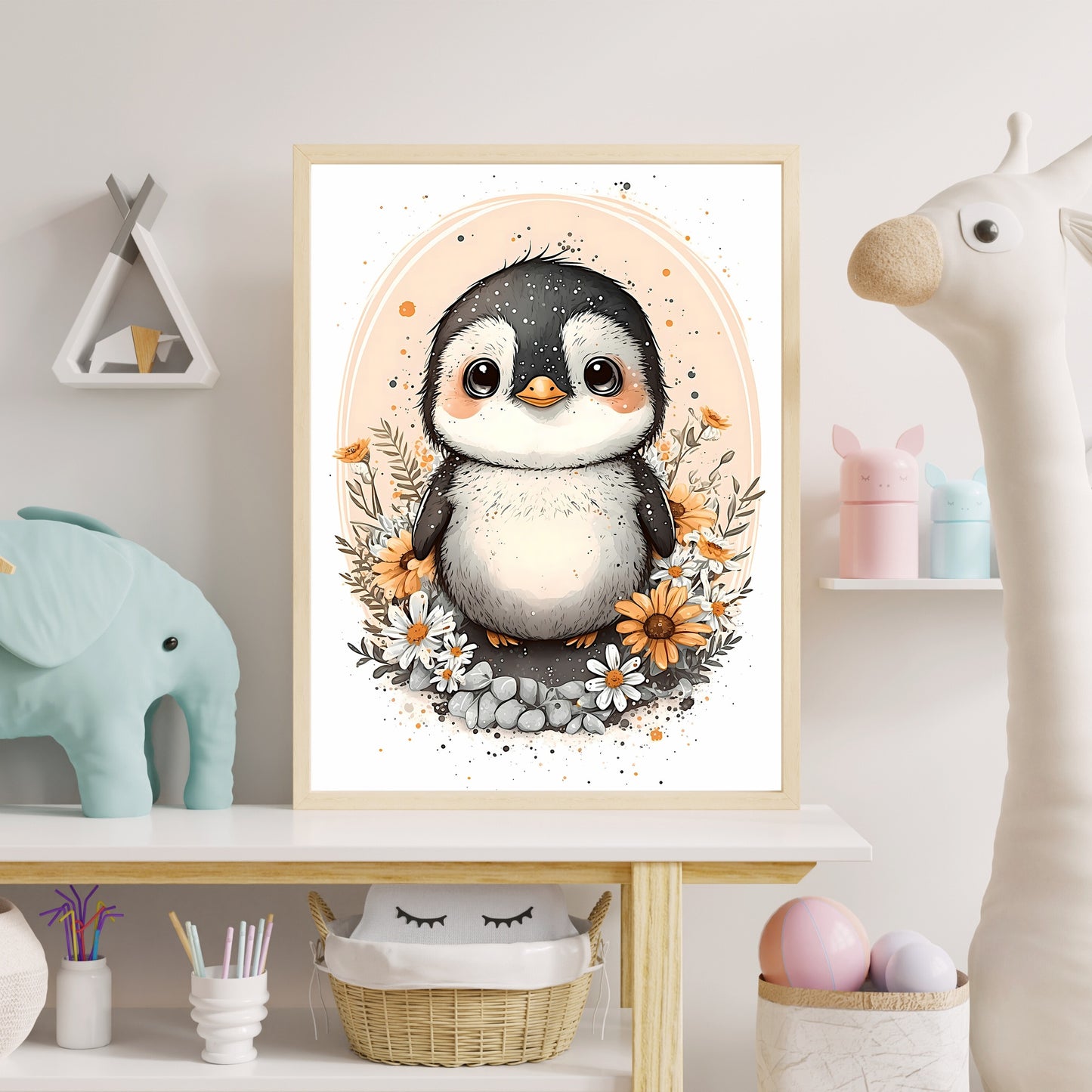 Baby penguin animal wall art gender neutral animal nursery decor penguin printing flowers baby penguin portrait Paper Poster Prints