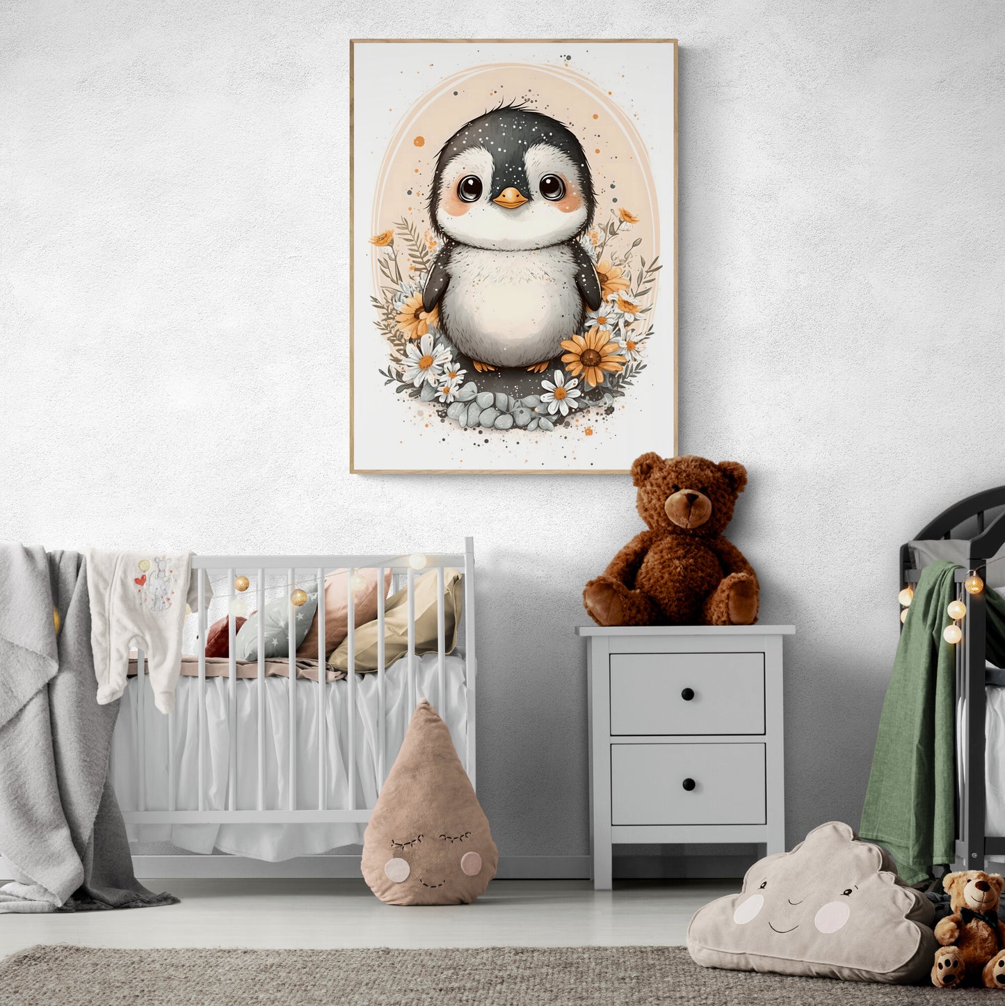 Baby penguin animal wall art gender neutral animal nursery decor penguin printing flowers baby penguin portrait Paper Poster Prints