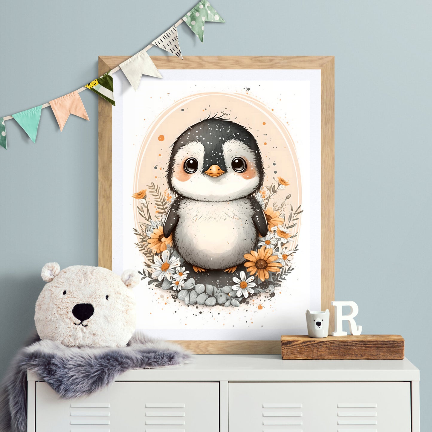 Baby penguin animal wall art gender neutral animal nursery decor penguin printing flowers baby penguin portrait Paper Poster Prints