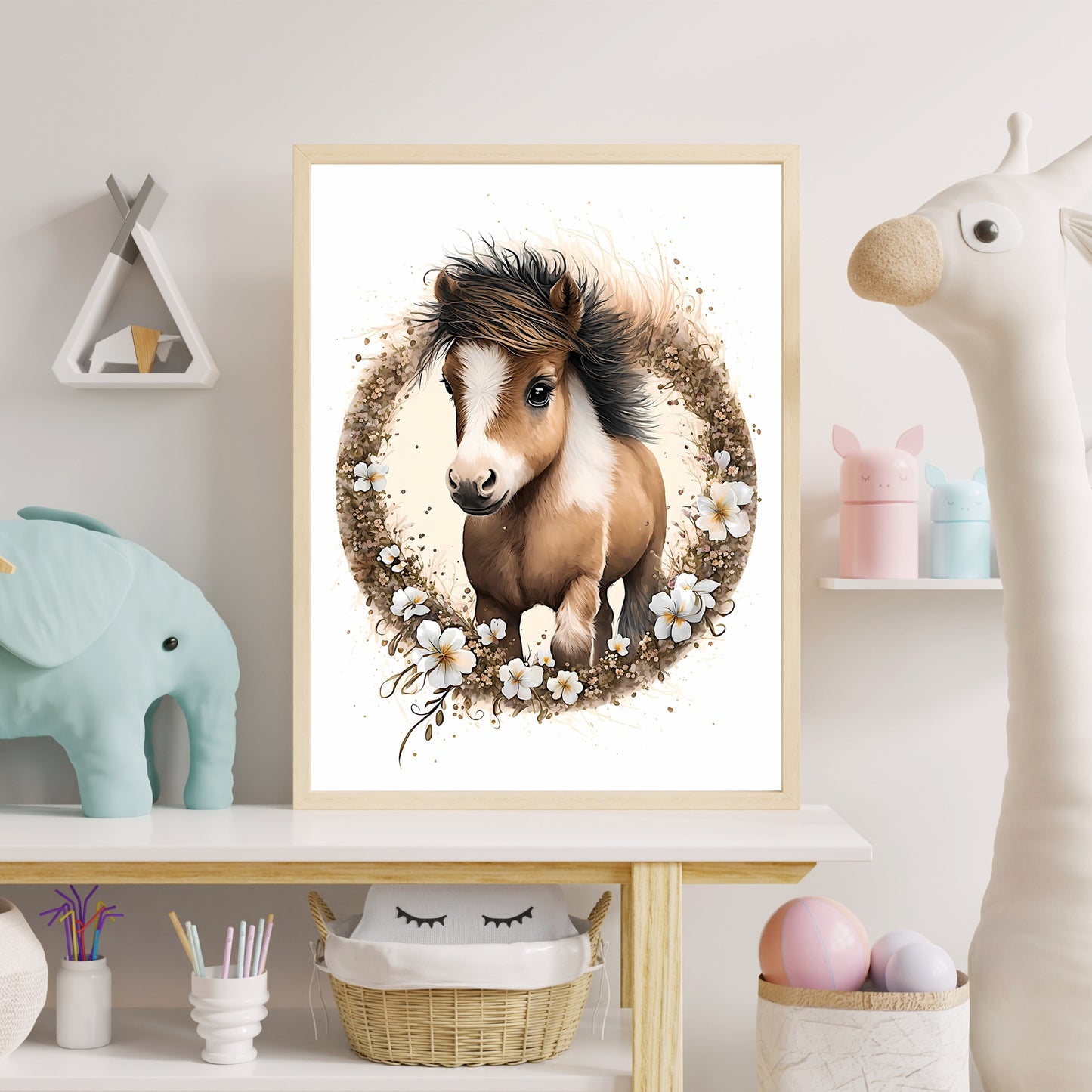 Baby pony animal wall art gender neutral animal nursery pony printing flowers baby pony portrait Paper Poster Prints