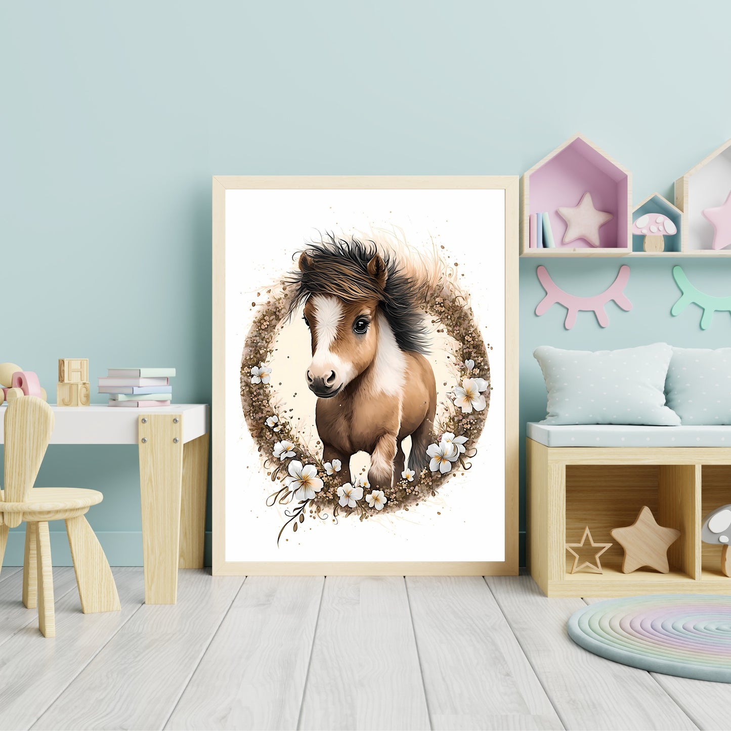 Baby pony animal wall art gender neutral animal nursery pony printing flowers baby pony portrait Paper Poster Prints