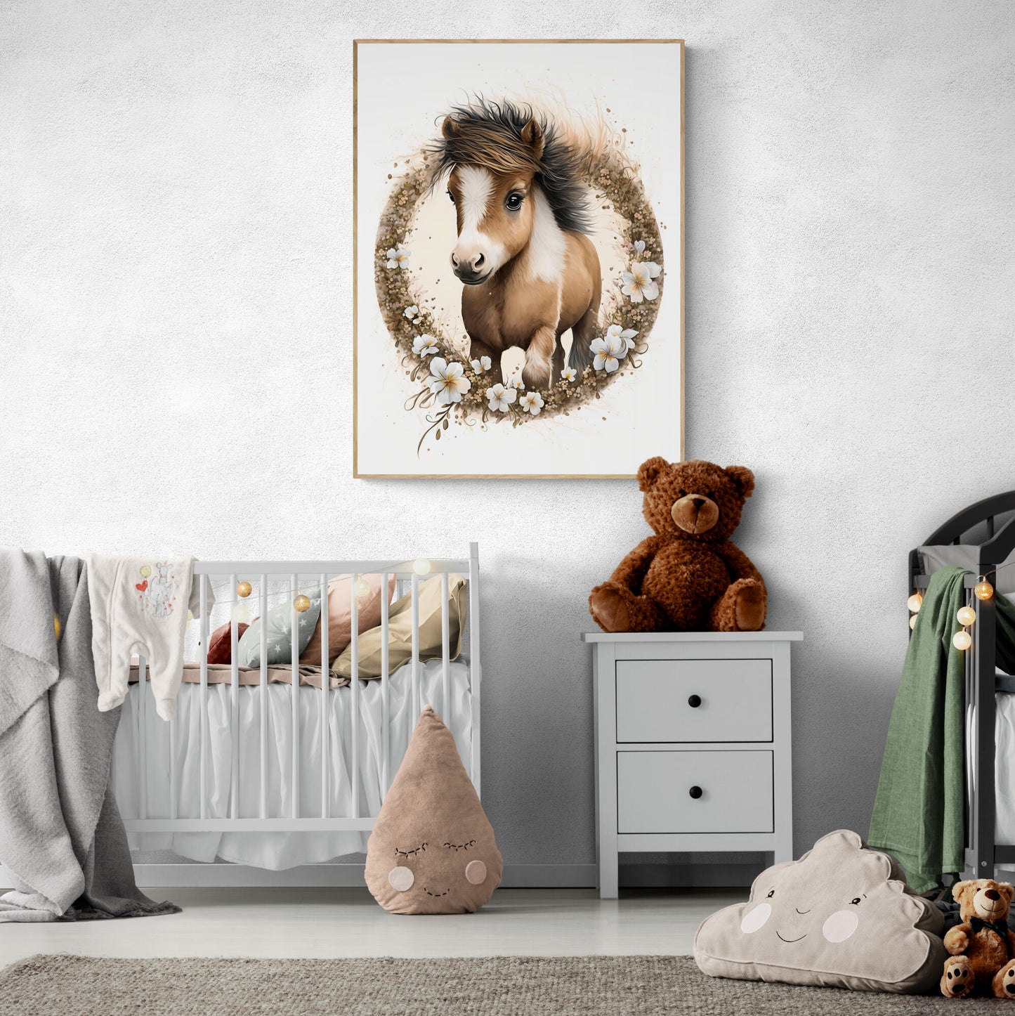 Baby pony animal wall art gender neutral animal nursery pony printing flowers baby pony portrait Paper Poster Prints