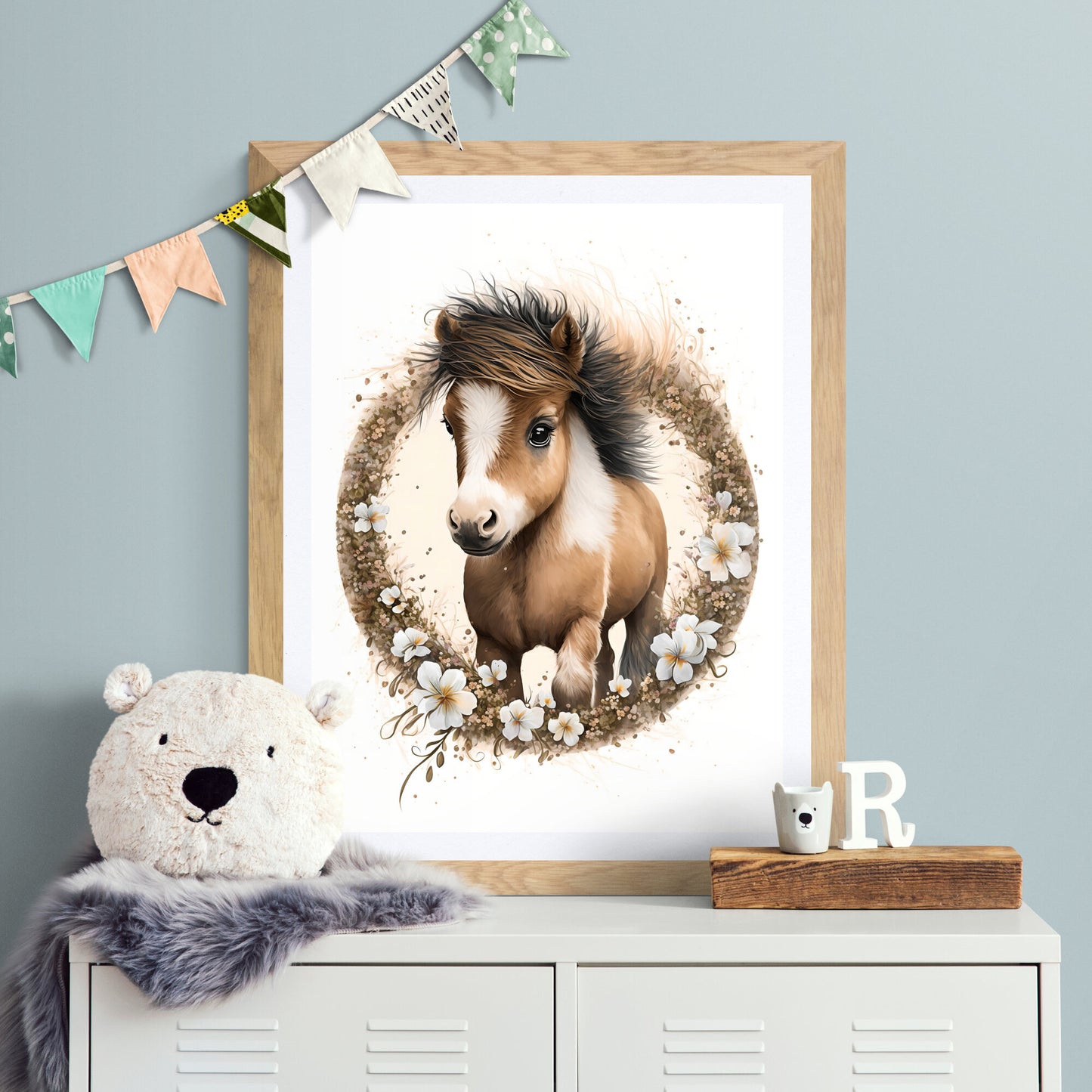 Baby pony animal wall art gender neutral animal nursery pony printing flowers baby pony portrait Paper Poster Prints