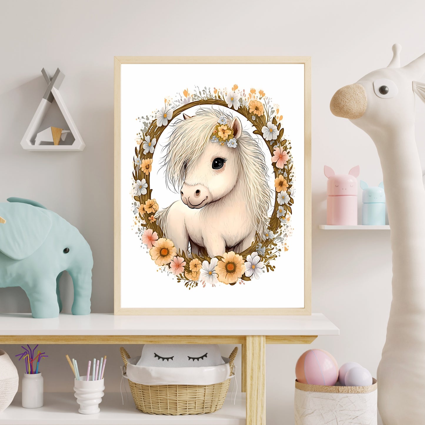 Baby pony animal wall art gender neutral animal nursery pony printing flowers baby pony portrait Paper Poster Prints