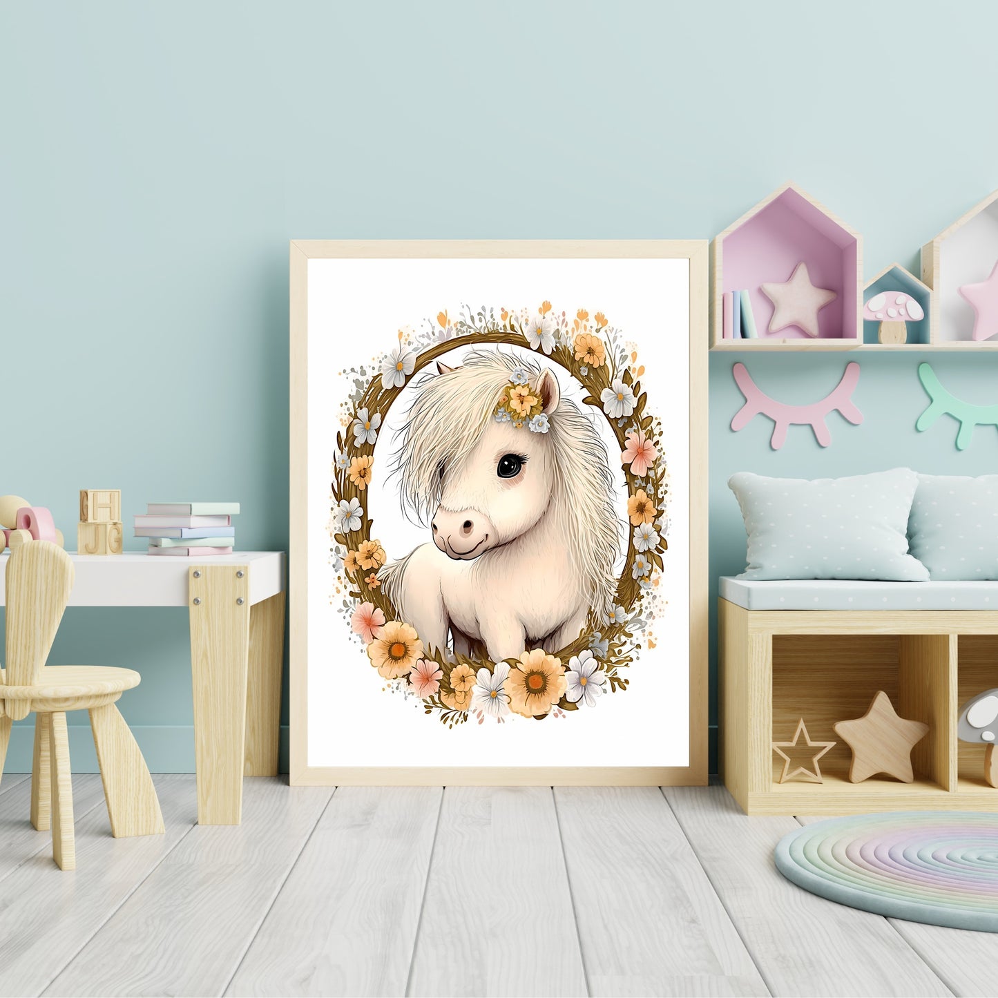 Baby pony animal wall art gender neutral animal nursery pony printing flowers baby pony portrait Paper Poster Prints