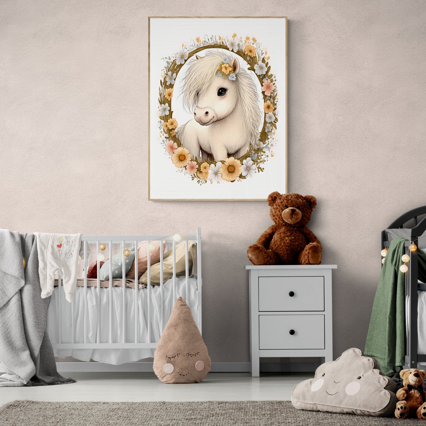 Baby pony animal wall art gender neutral animal nursery pony printing flowers baby pony portrait Paper Poster Prints